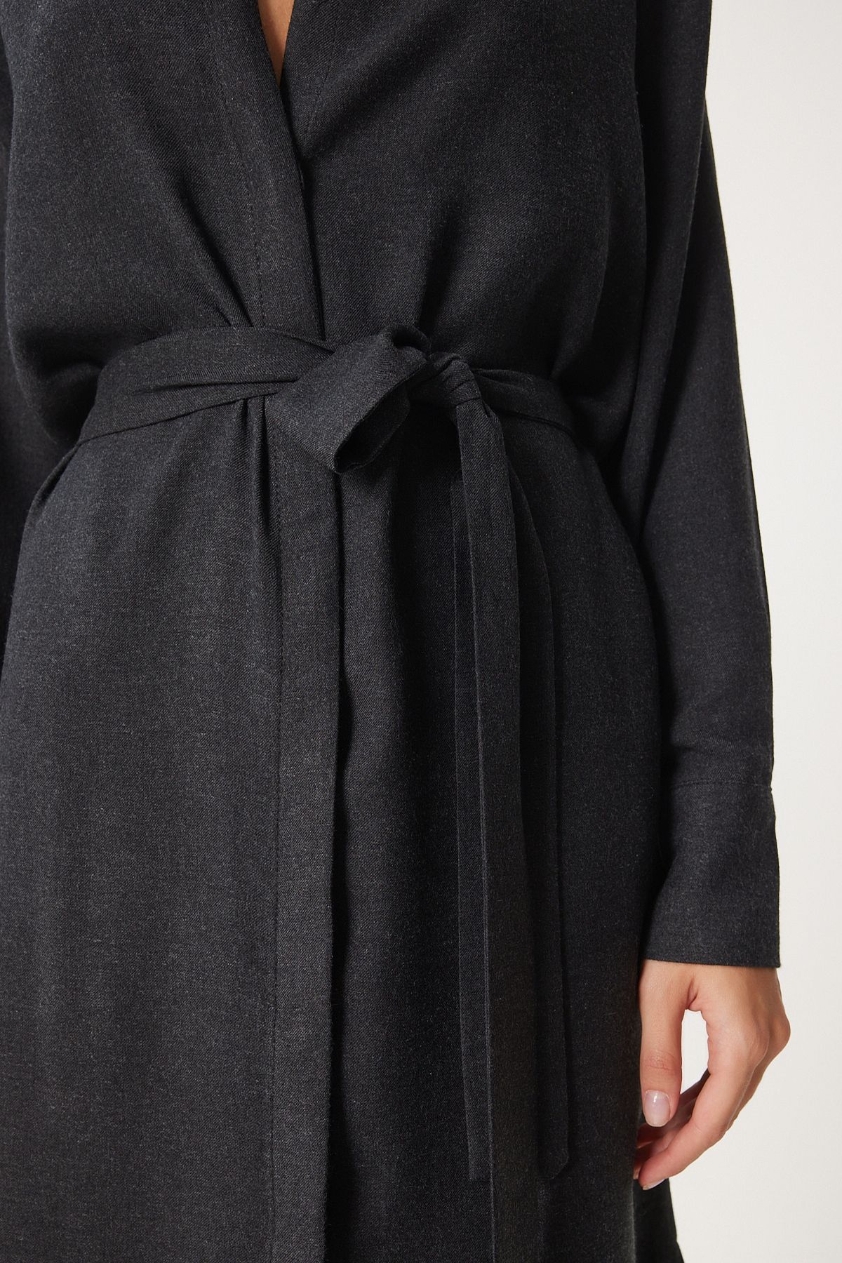 Women's black slit belt long shirt dress FN03314