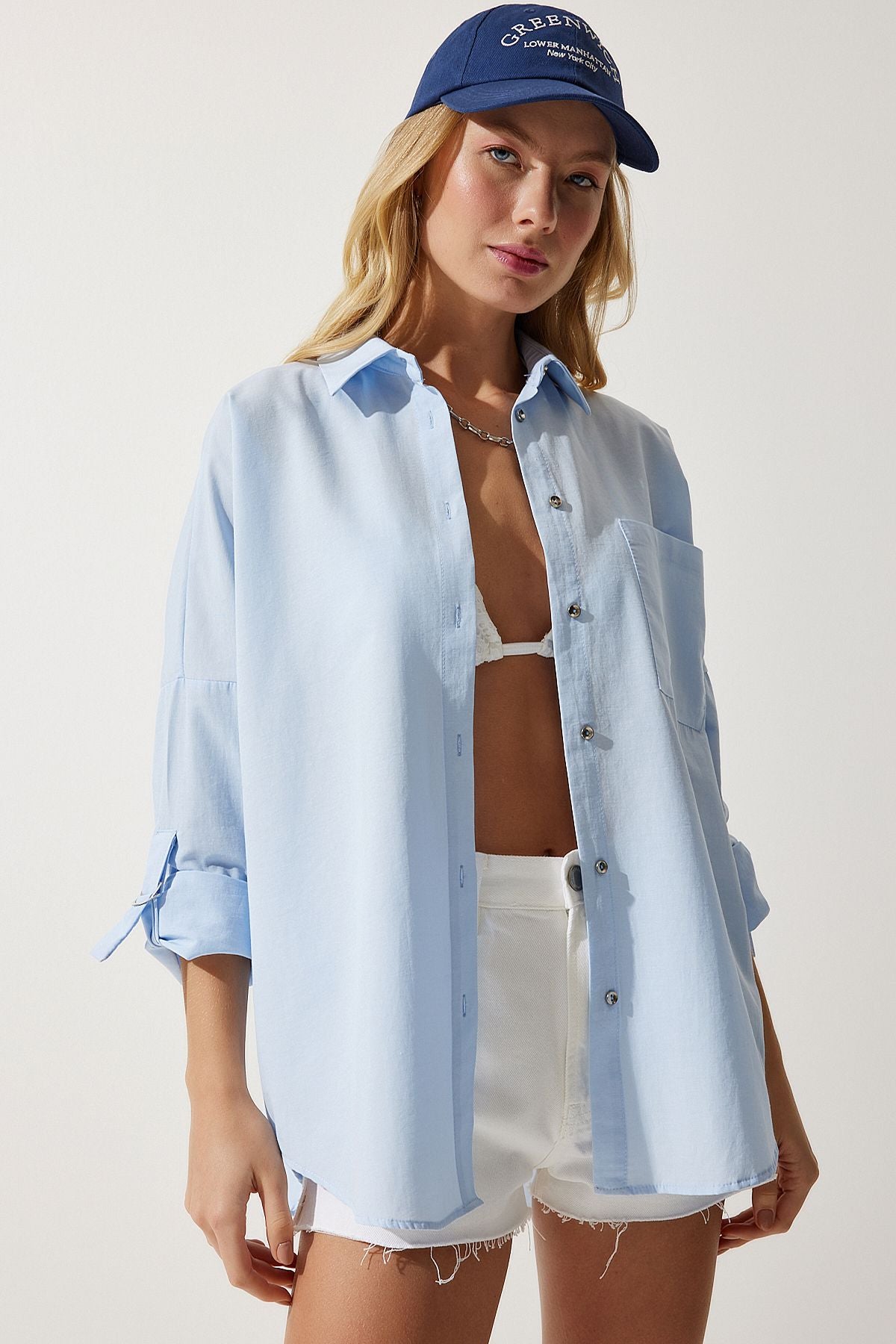 Women's sky blue pocket poplin boyfriend shirt MX00156