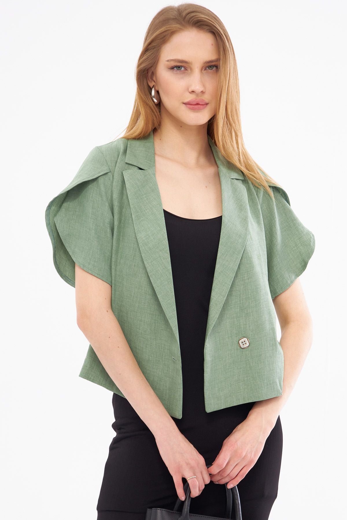 Female Green Left Slip Detail Crop Short Sleeve Jacket ARM-24Y001048