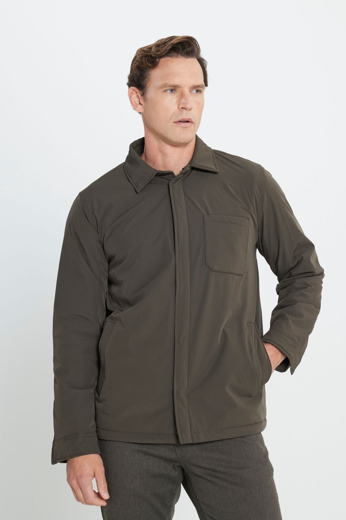 Men's Khaki Standard Fit Normal Cut Shirt Collar Coat