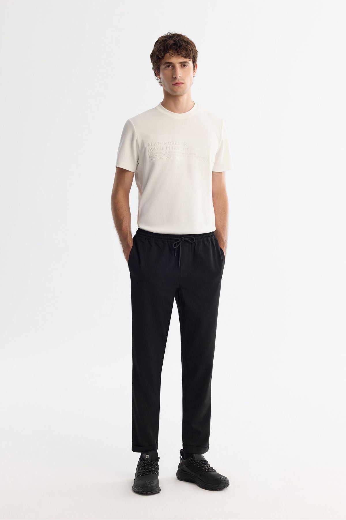 Men's black side pocket with waist tire laced laced double trouser jogger pants E003000