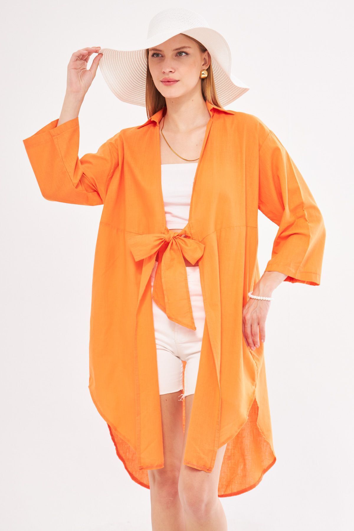 Female Orange front-binding thin linen fabric midi height kimono shirt ARM-24Y001081