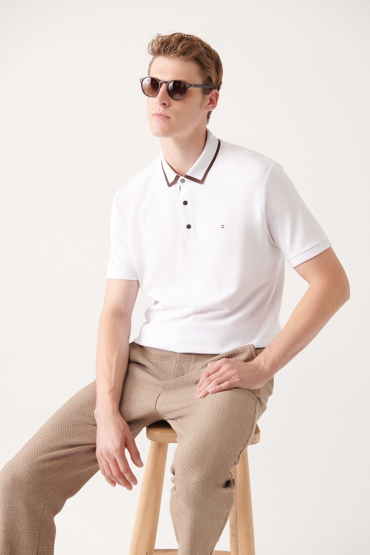 Men's White 100 %Cotton Stick Polo Yaka T-shirt A31y1175