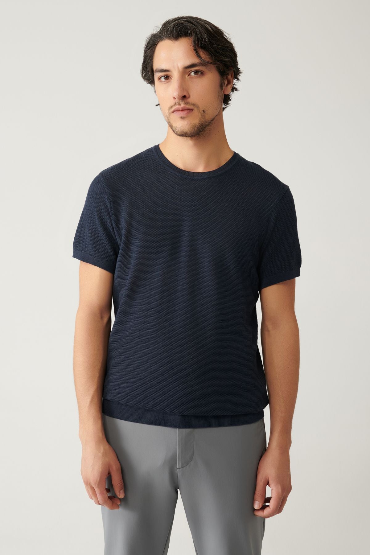 Men's open navy blue bike collar textured cotton knitwear T-shirt E005027