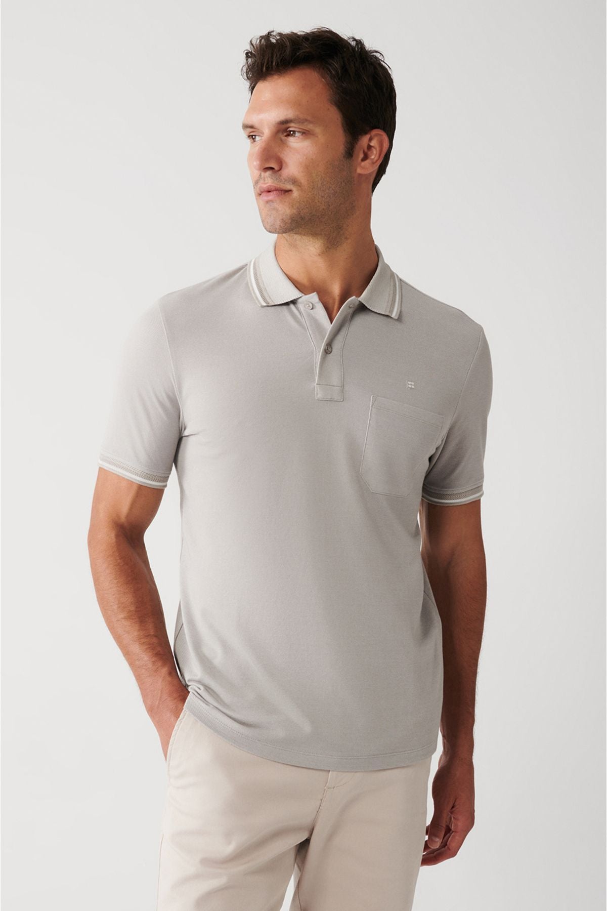 Men's Gray Curlled Neck Pocket 2 Button Polo Yaka T-shirt E001031