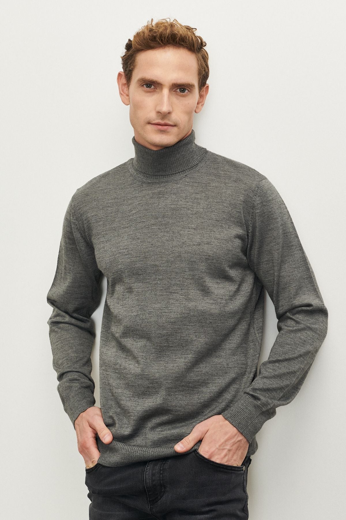 Men's Gray Melanj With non -pilling featured standard fit Full Fisherman Yaka Knitwear Kazakh