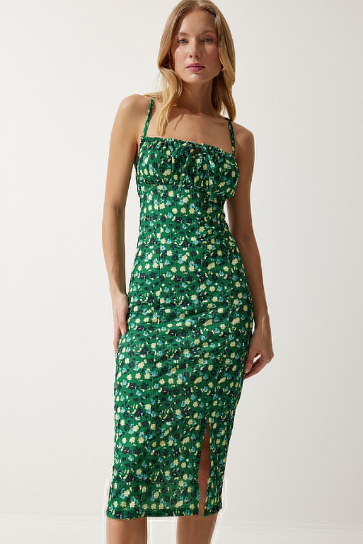 Female Green Yellow Flower Sweting Summer Knitting Dress CI00029
