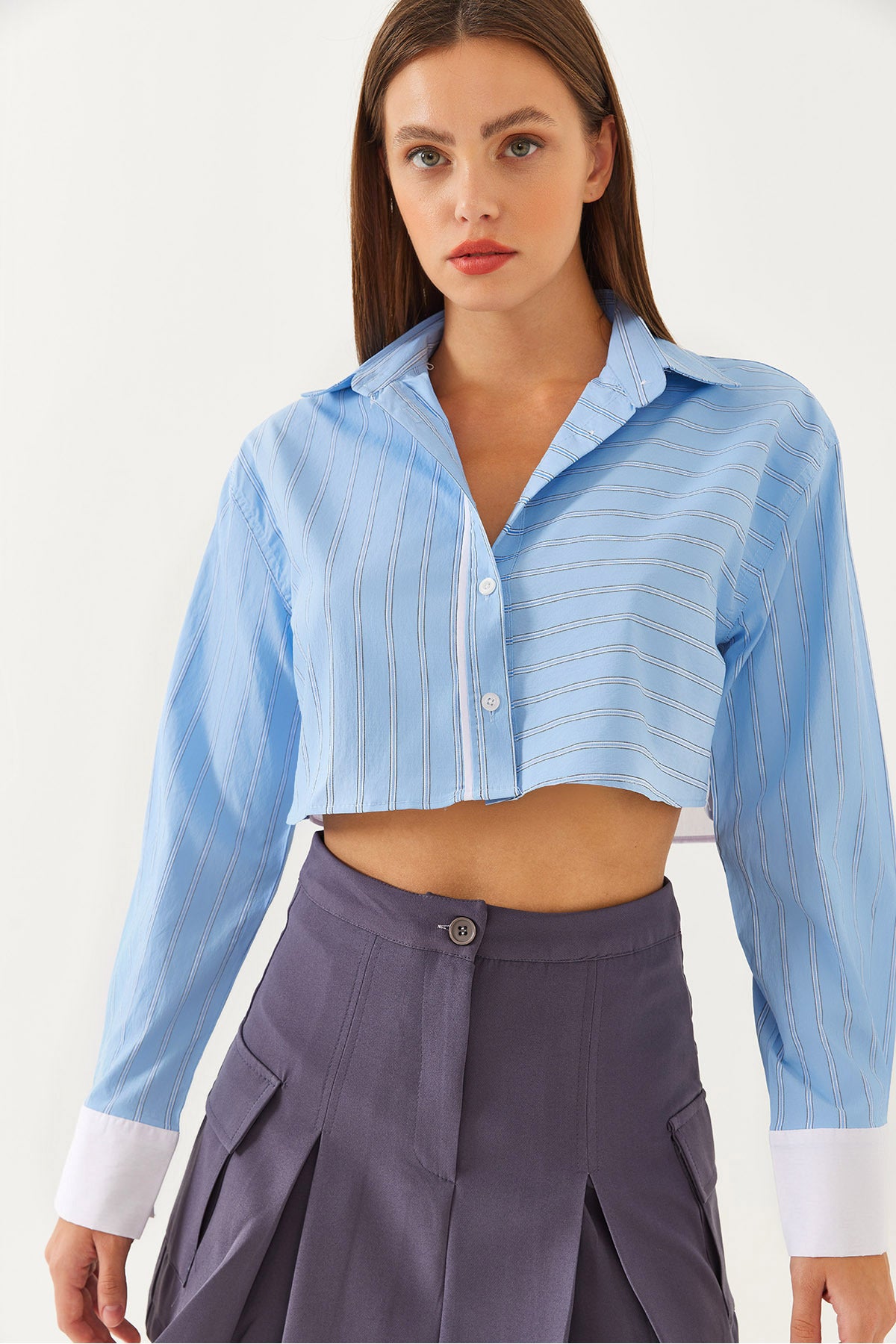 Women's Asymmetrical Striped Cuff Detailed Crop Shirt 4451 60251915