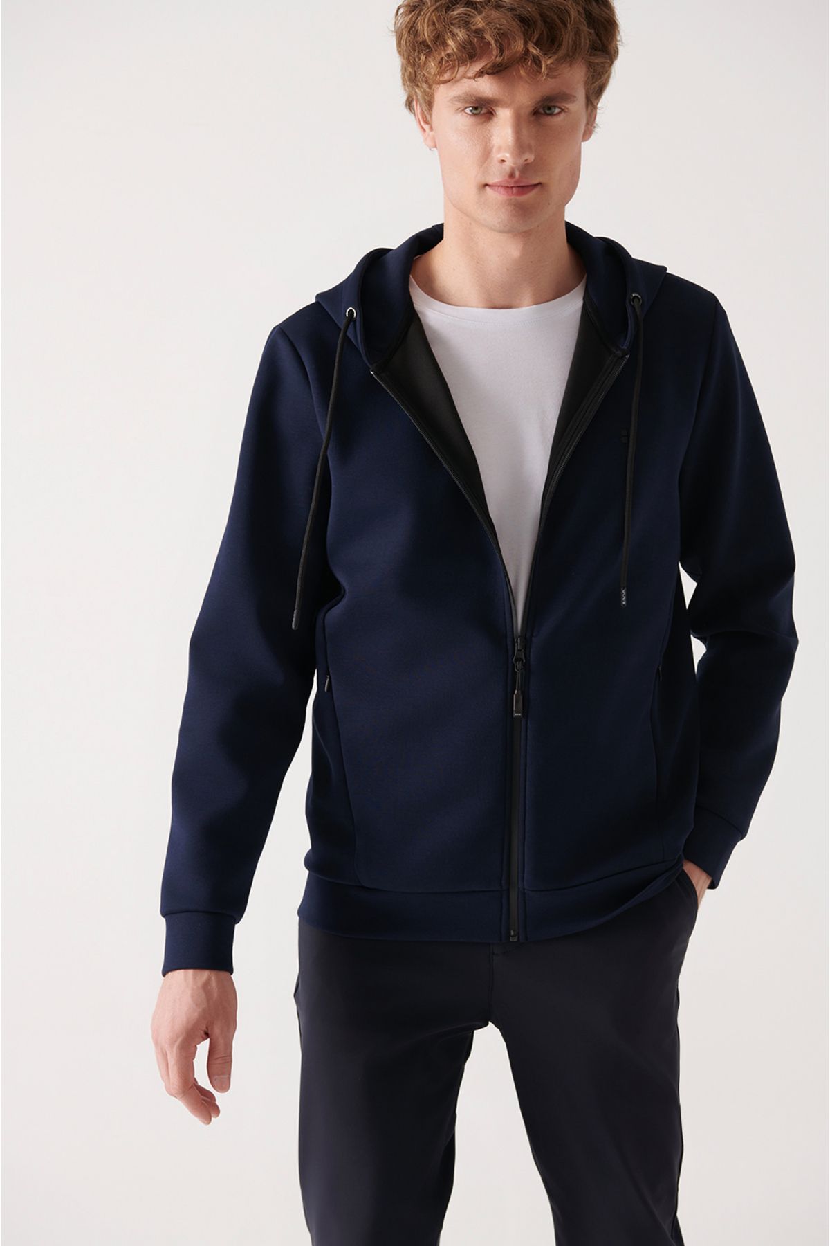 Men's Navy Blind Hooded Interlok Fabric Zipper Sweatshirt B001102