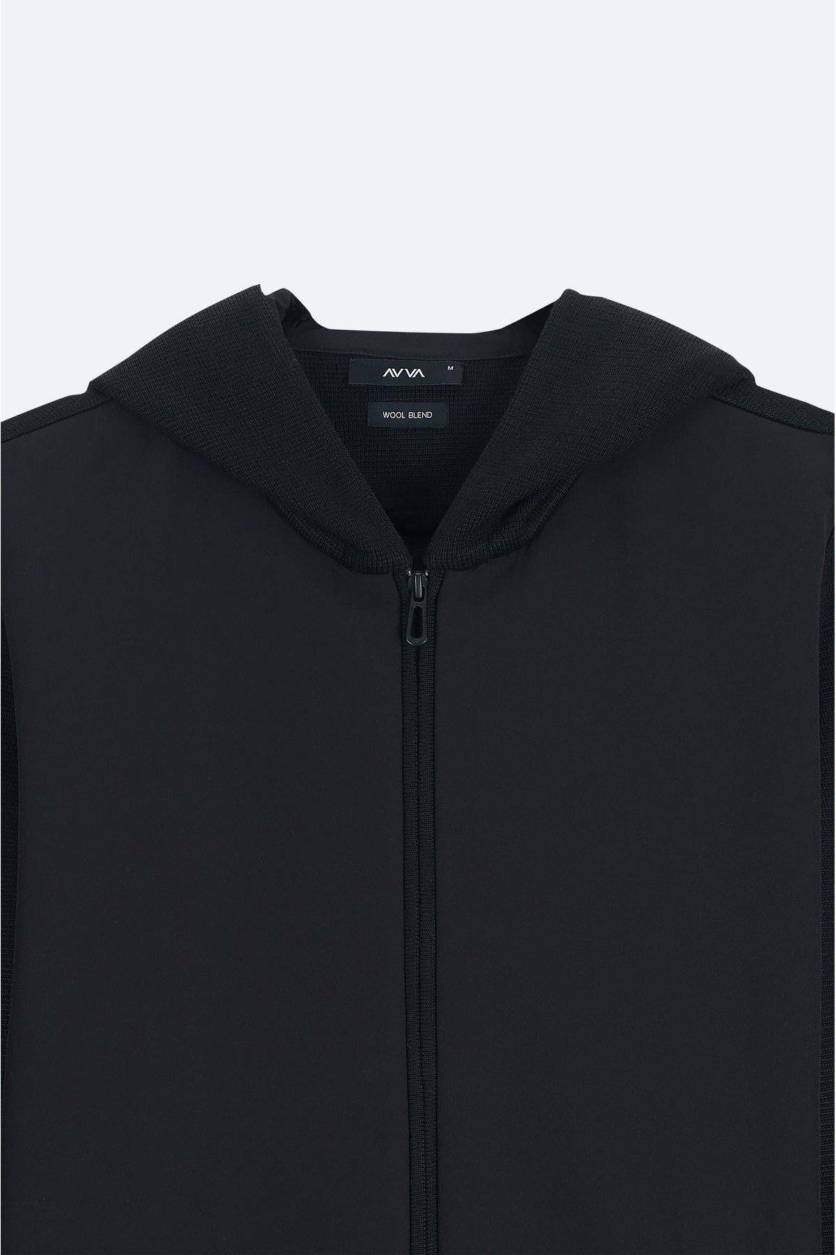 Men's black hood front technical fabric detailed zipper woolen cardigan A32y6058