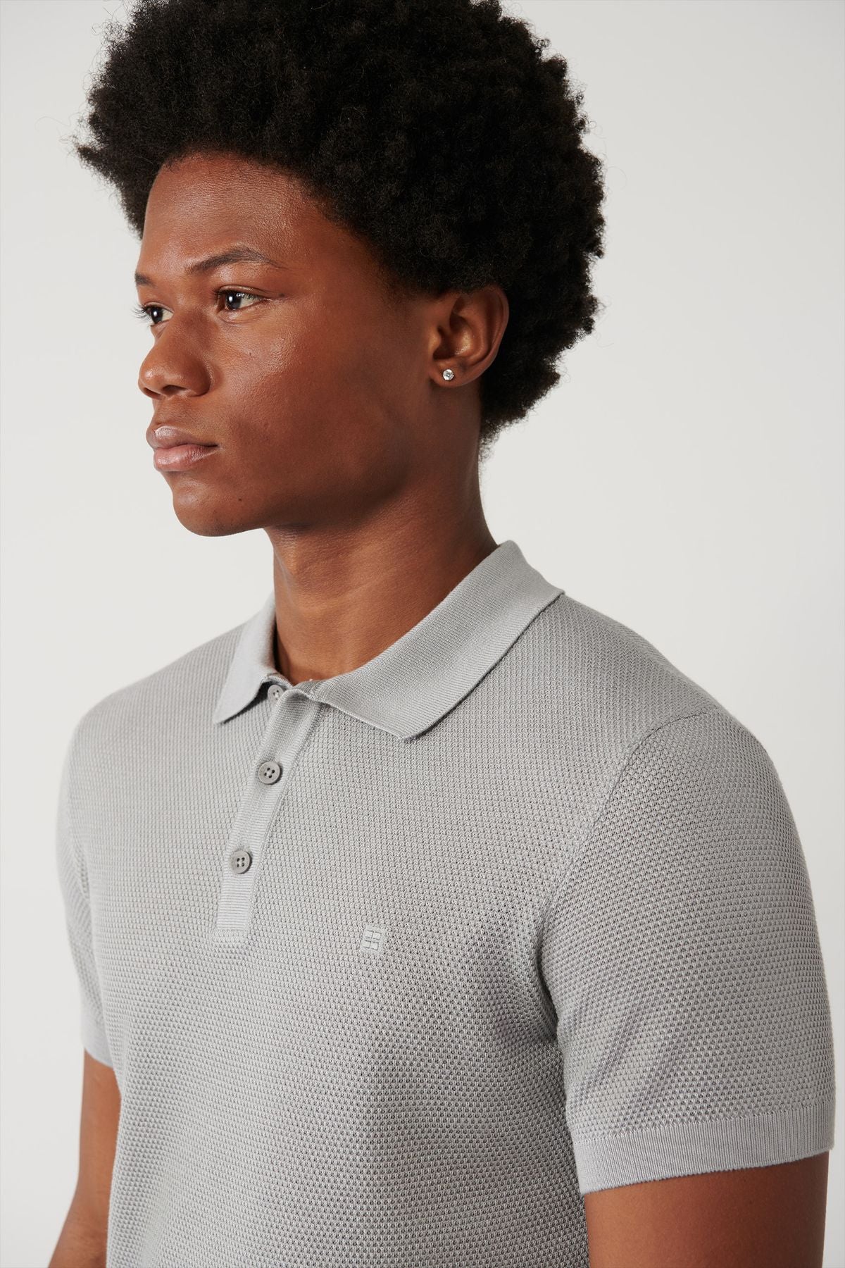 Men's gray 3 button textured riban Polo Yaka Triko T-Shirt B005009