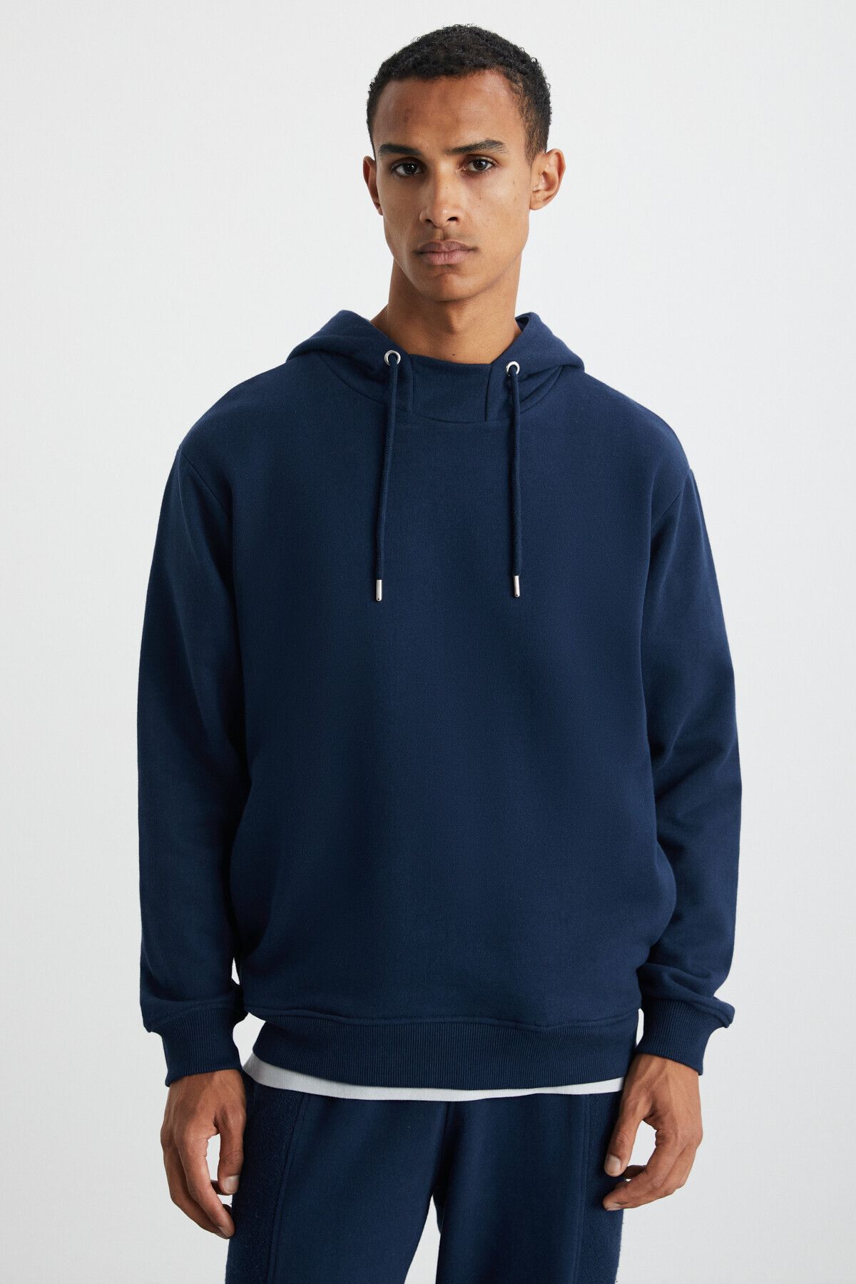 Alessio Men's 100 %Cotton Hoped Cord Detailed Oversize Fit Navy Blue Sweatshirt