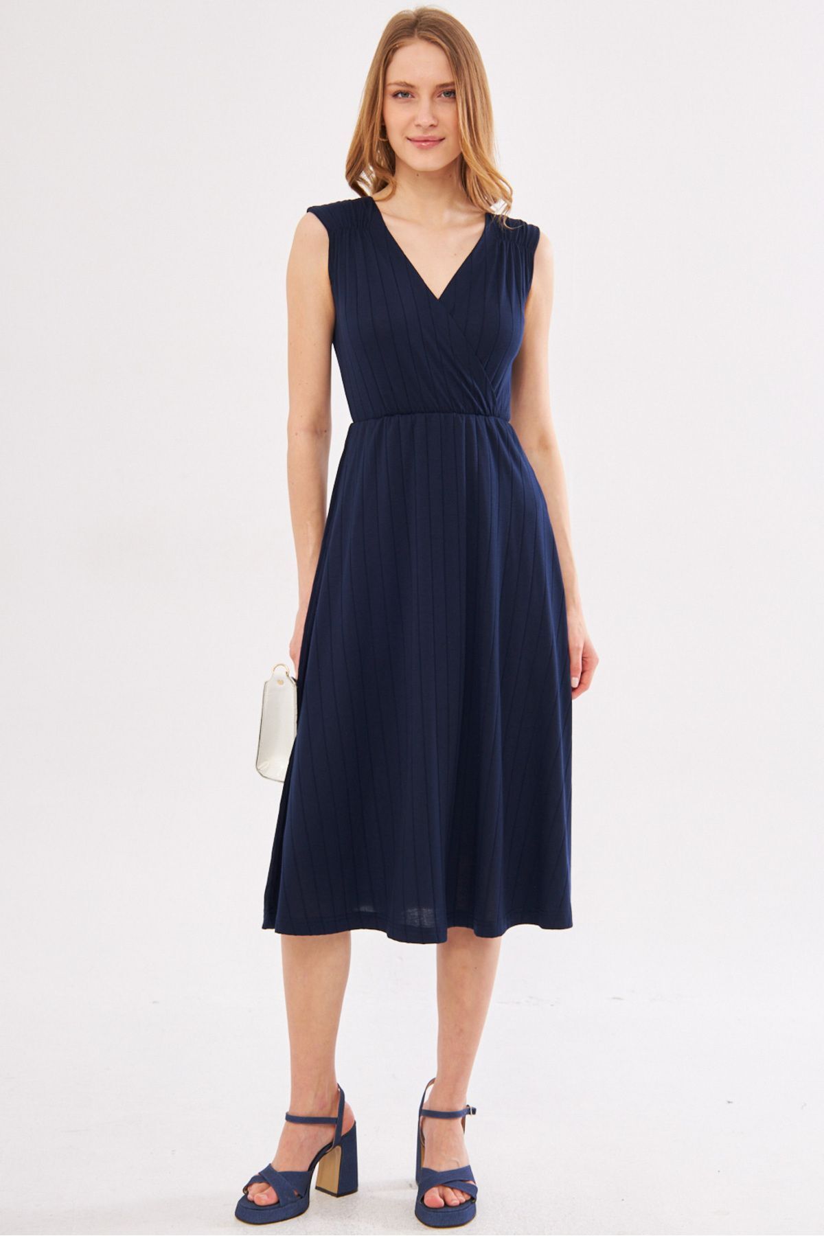 Woman Navy blue waist and shoulder tire skirt cruve collar midi size dress ARM-24Y001017