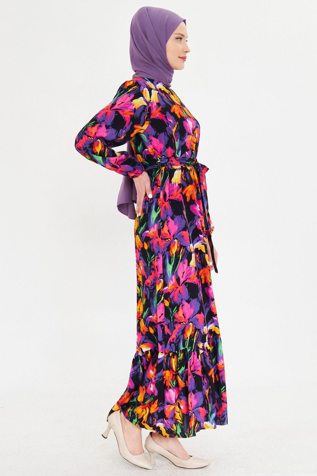 Female Purple Zero Back Back Zipper Skirt End Long Hijab Dress with Ruffle Born Arm-25k001101