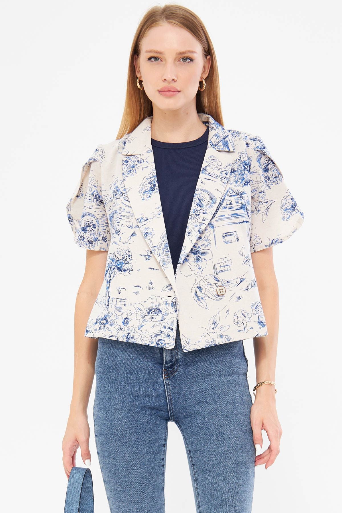 Woman Dark Blue Linen Looking Patterned Band Slit Crop Short Sleeve Jacket ARM-24Y001095