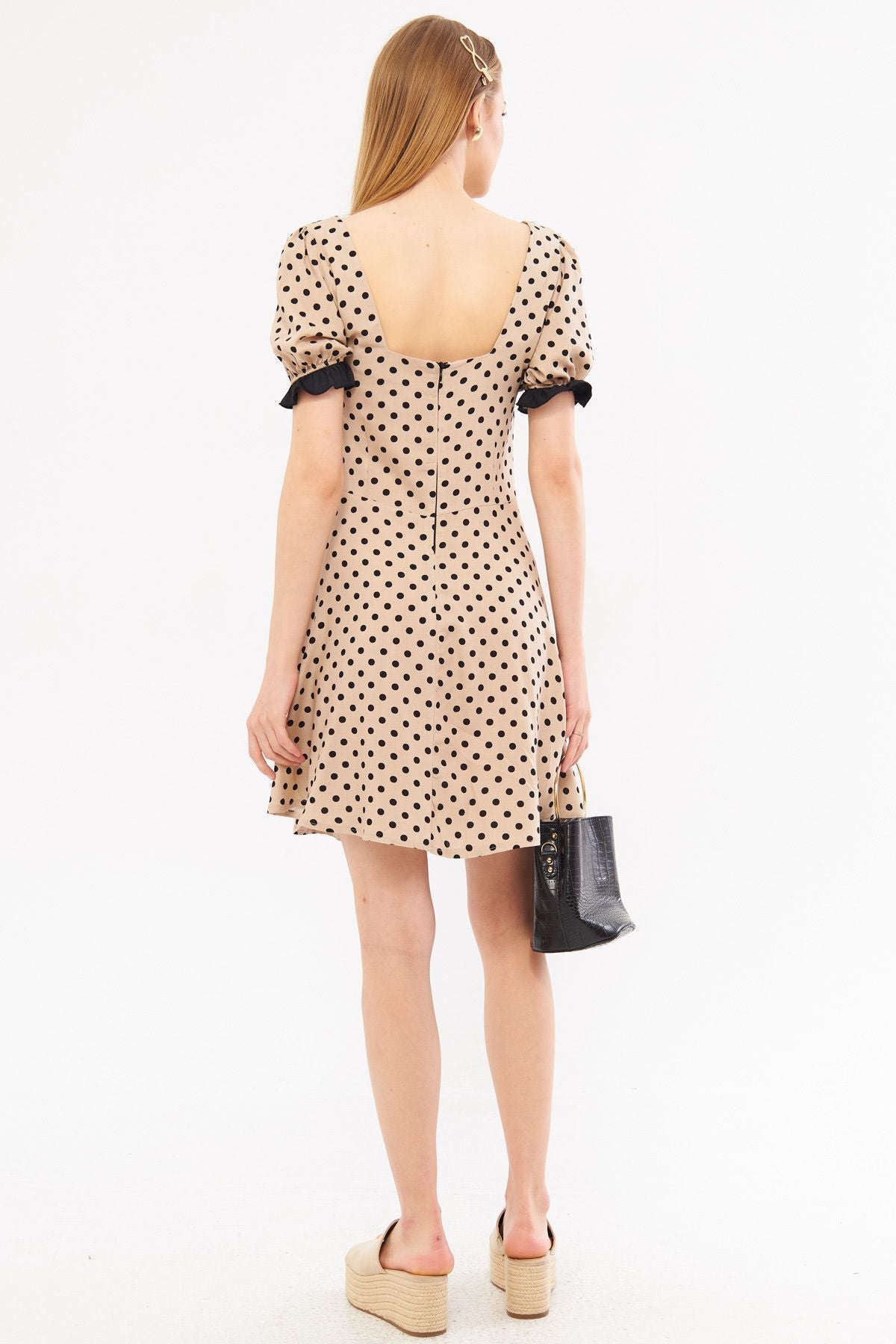 Female beige front back square neckline detailed dot watermelon watermelon armable mini dress ARM-24Y001051