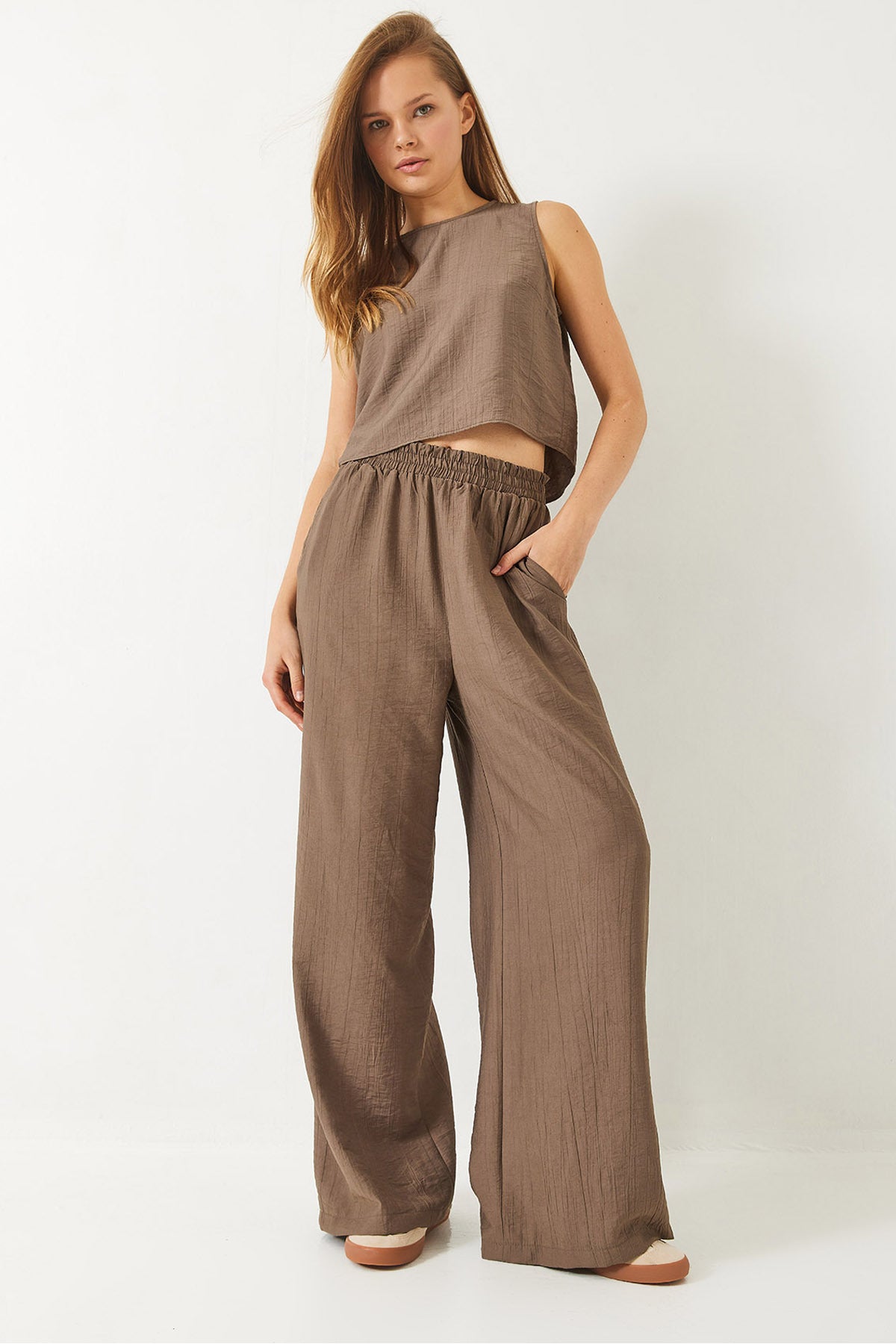 Women's Summer Top and Bottom Set with Tie Detail Vest and High Waist Trousers 9310 60281013