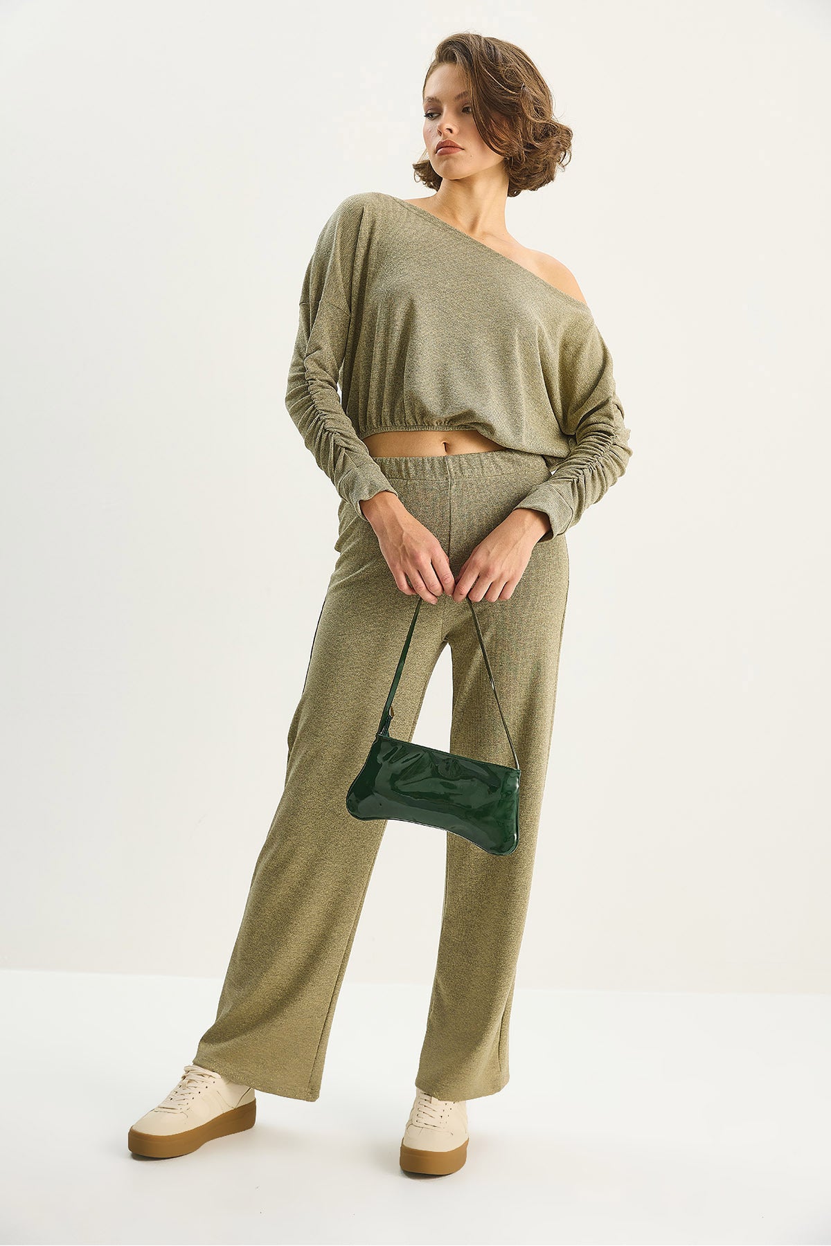 Women's Boat Neck Elastic Waist Blouse with Plenty of Trousers Silvery Bottom-Top Set 60283617