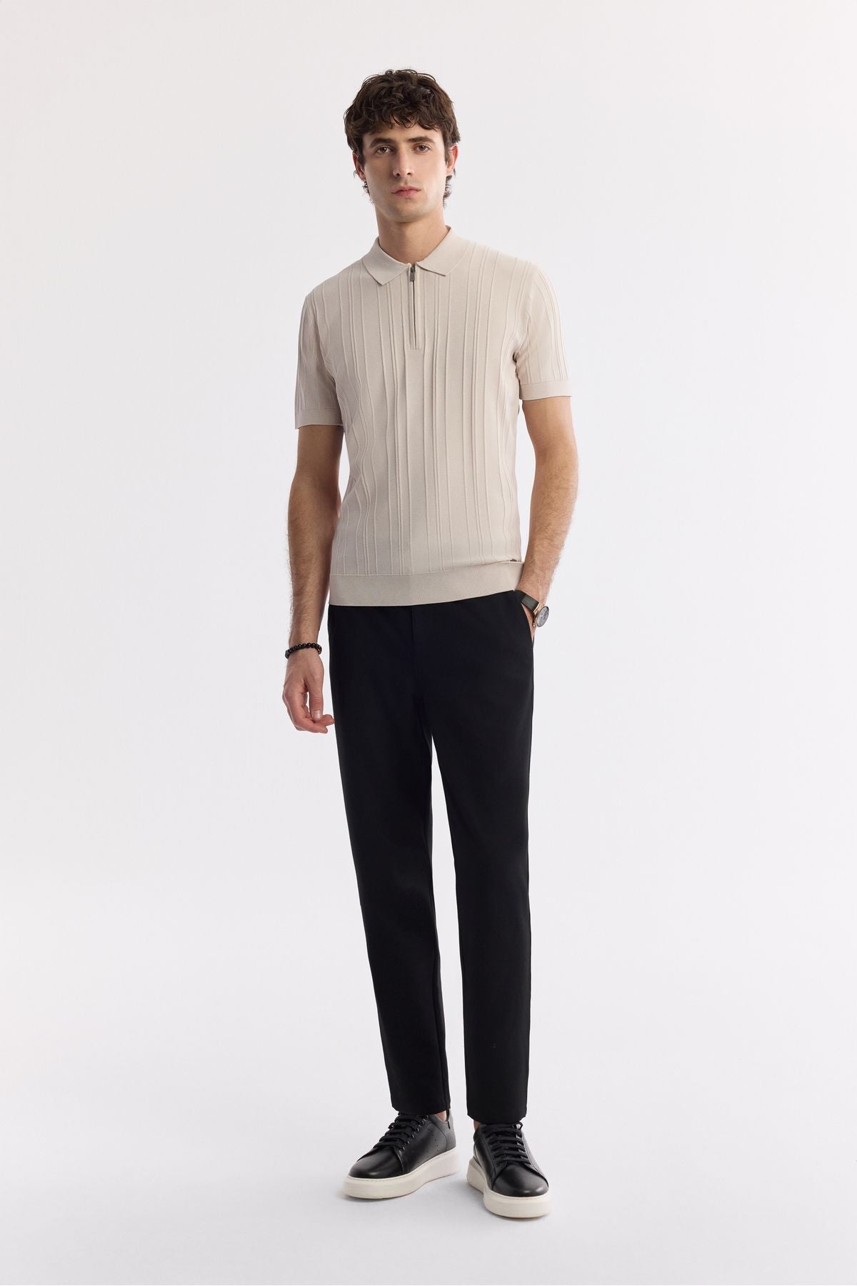 Men's Beige Polo Yaka Zippered Wick Knit Detailed Rayon Triko T-Shirt A51Y5046