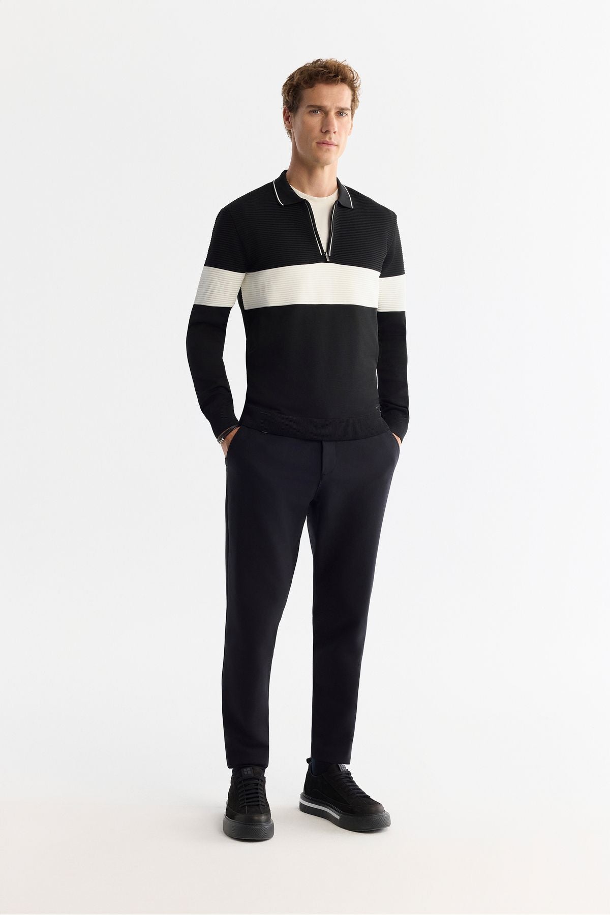 Men's black zipper polo collar block colored knitwear sweater A42Y5030