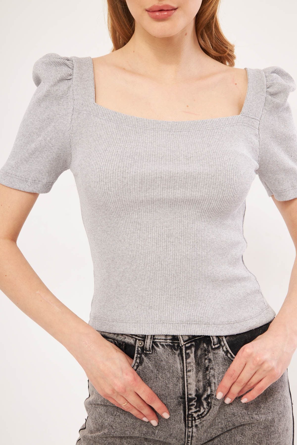 Female Gray Bicycle Collar Short Sleeve Blouse ARM-24Y133006