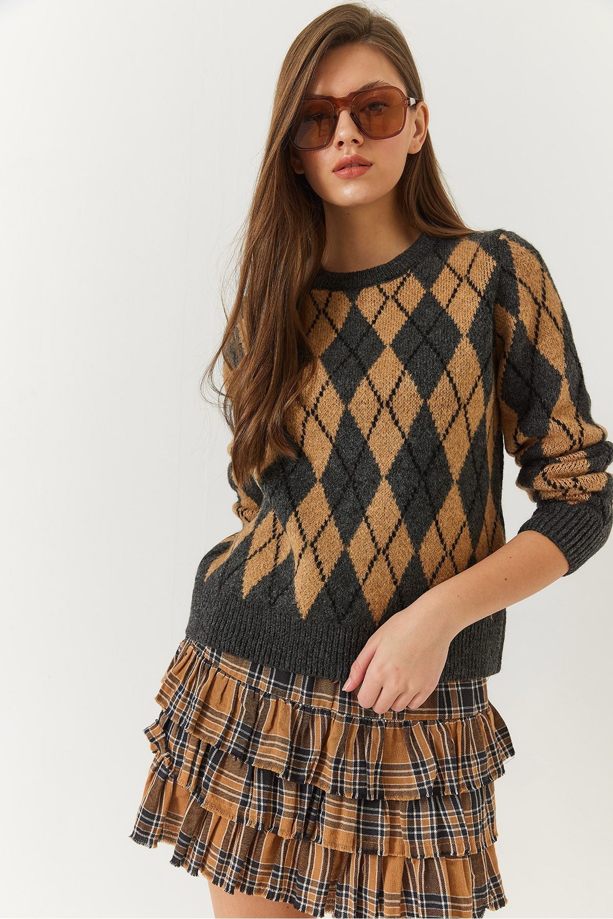 Female Bike Neck Baklava Patterned Sweater 241192 60261036