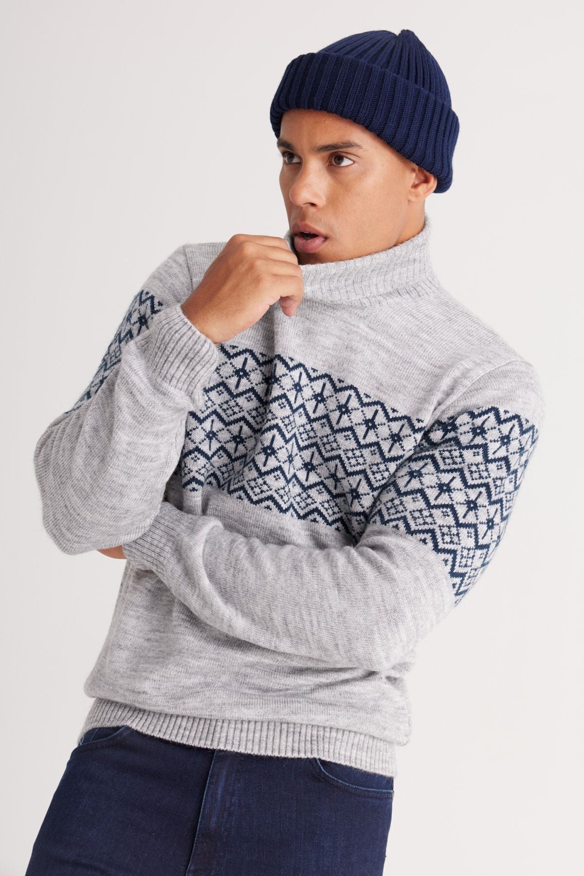 Men's Gray Melanj-Lacivert Standard Fit Normal Cut Fisherman Neck Zigzag Patterned Knitwear Sweater