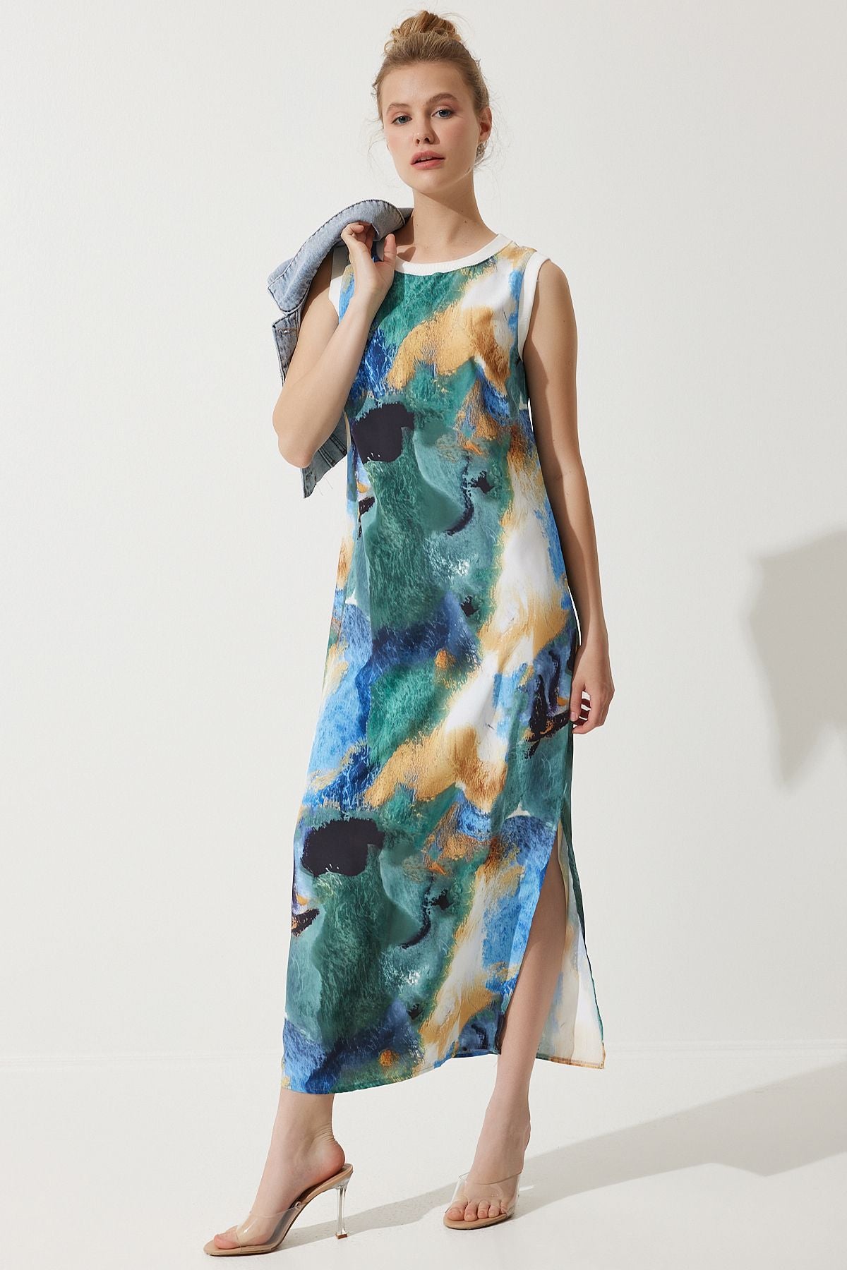 Woman Blue Degrade Patterned Sleeveless Summer Dress KJ00010