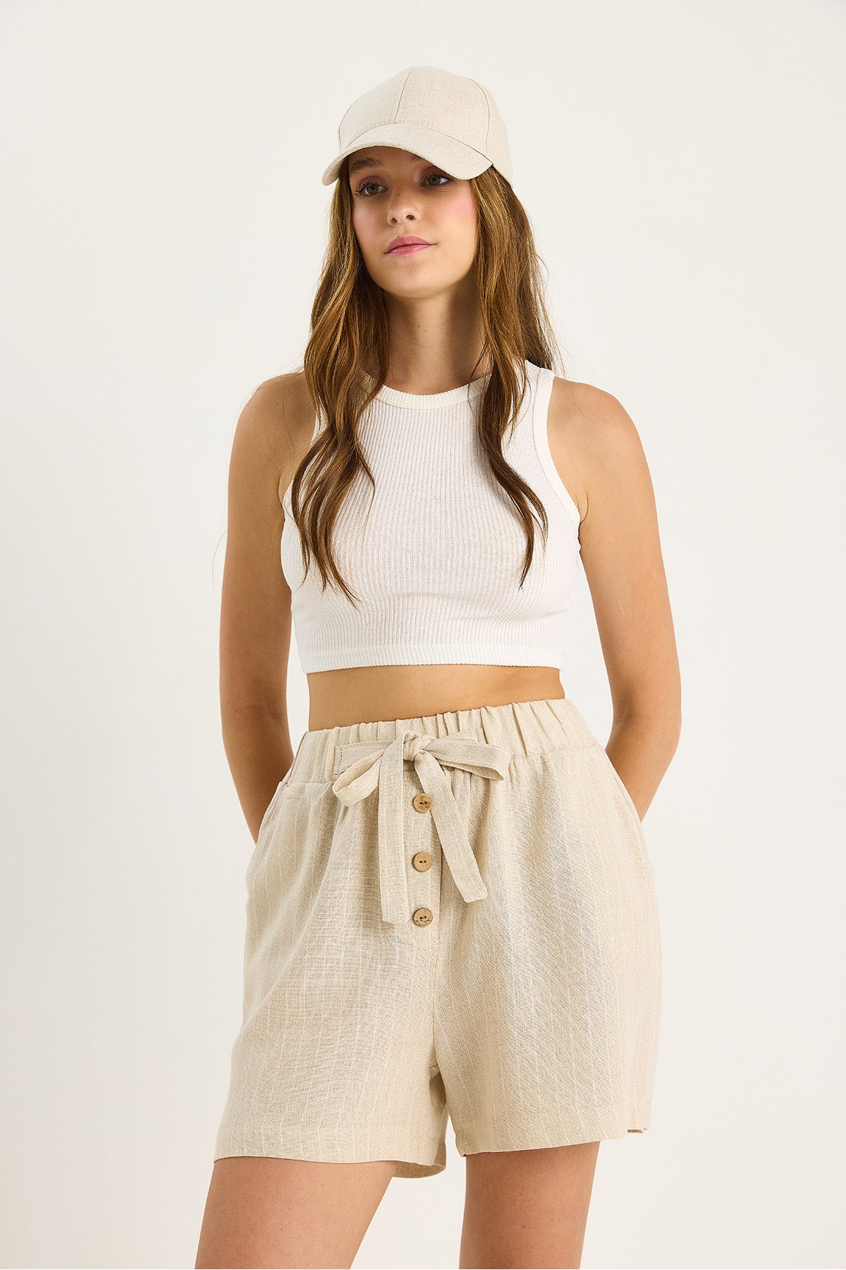 Women's Thin Striped Linen Shorts with Elastic Waist Buttons and Rope Accessories 2536 60281092