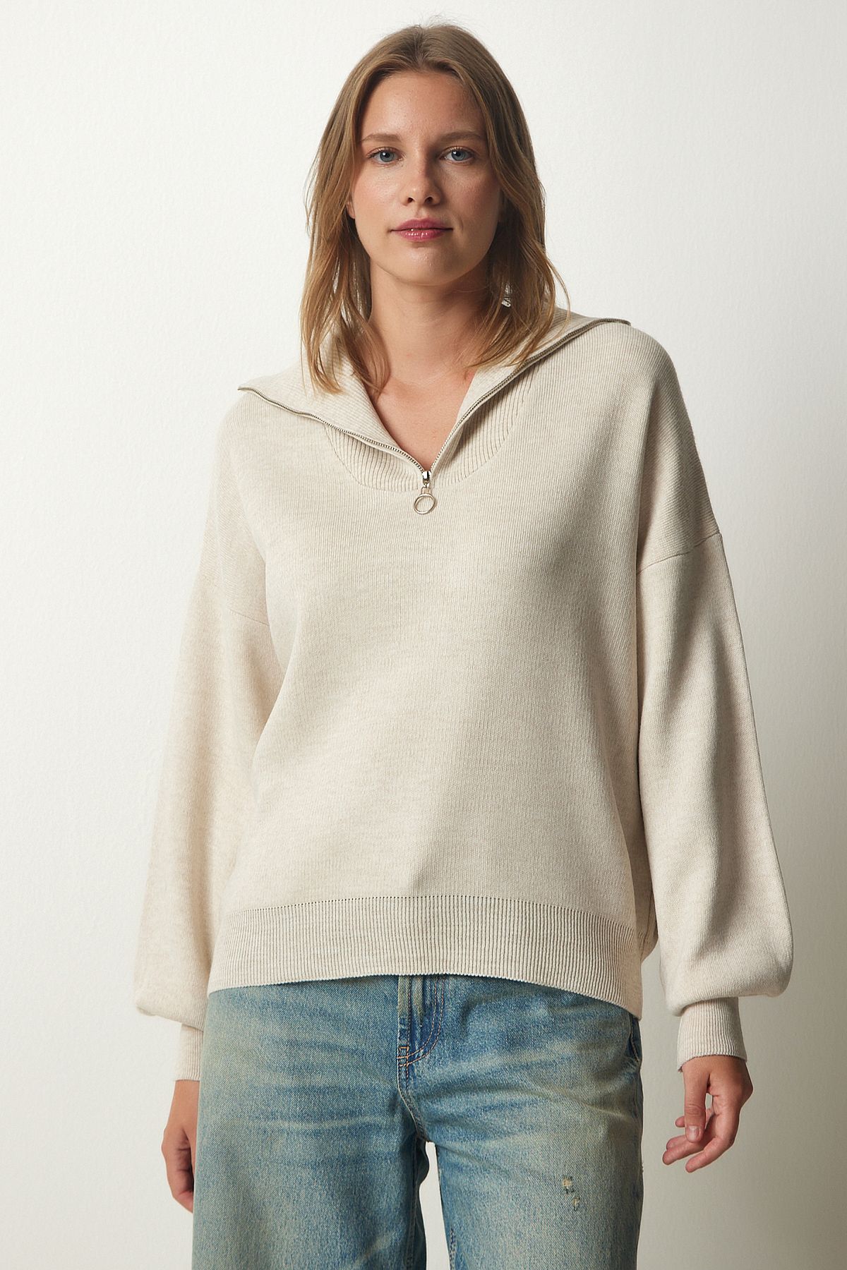 Female Beige Zippered Neck Basic Knitwear Kazakh PF00007