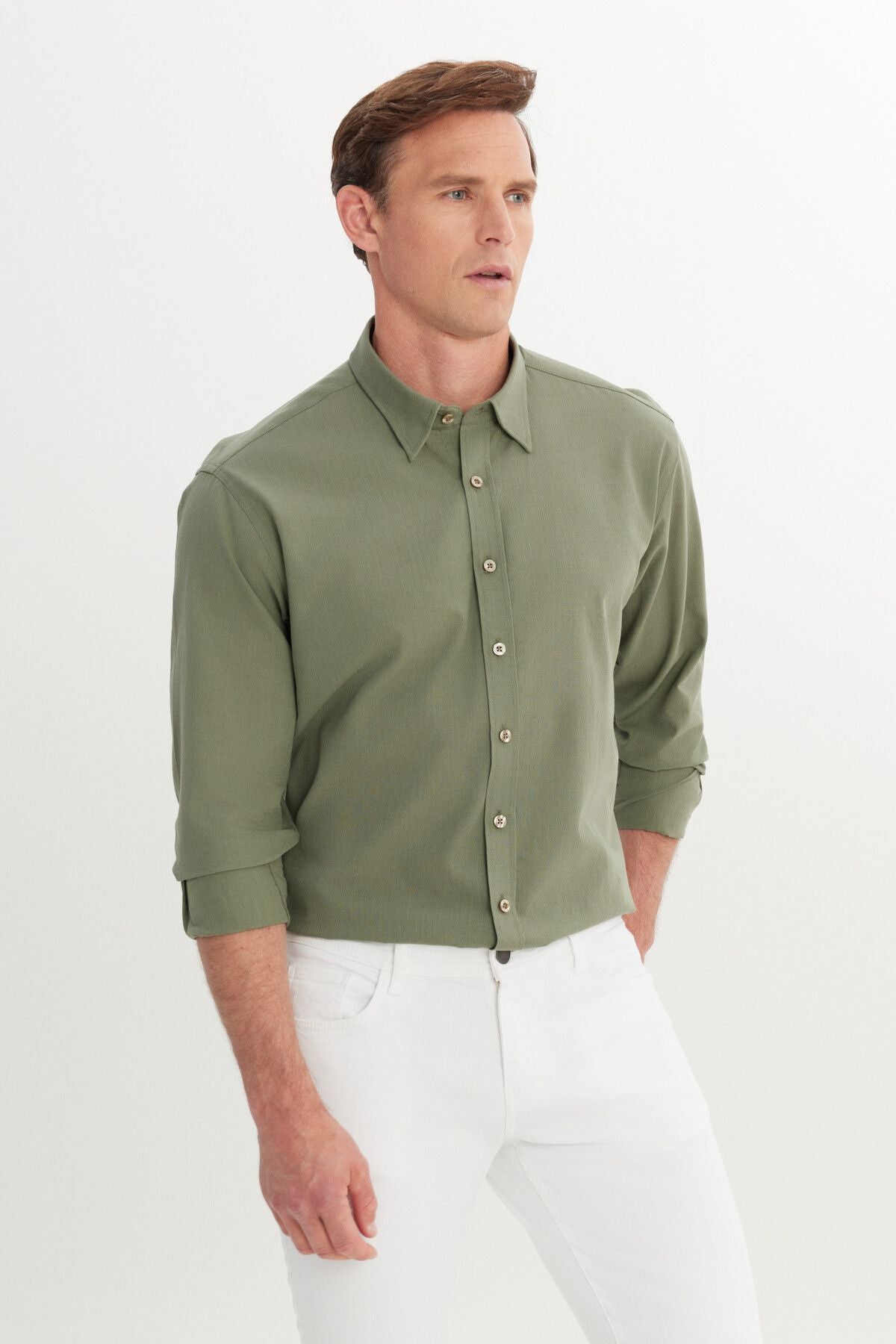 Men's Khaki Comfort Fit Casual Cut Hidden button collar 100 %cotton pennant shirt
