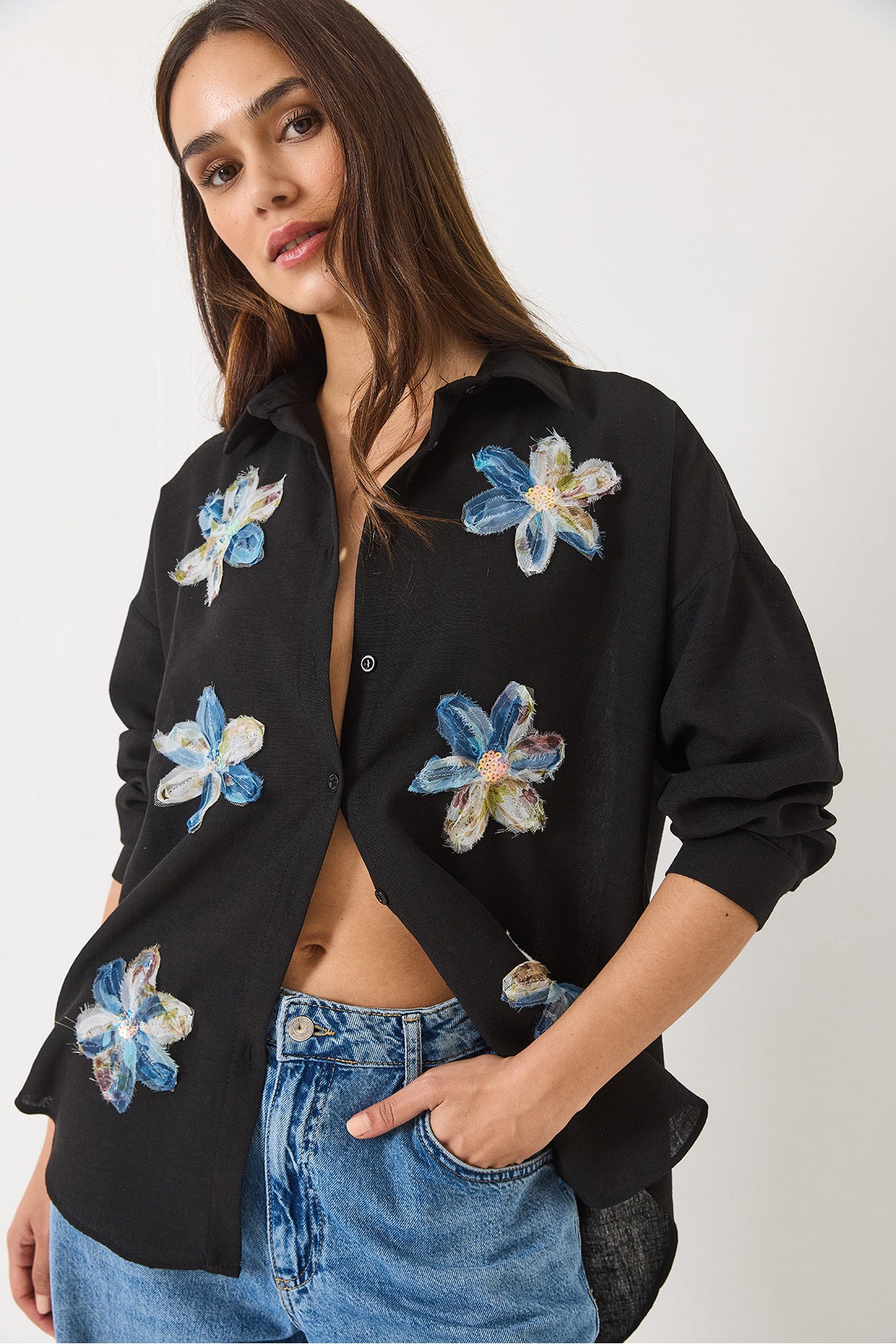 Women's Tulle Flower Accessory Long Sleeve Cotton Shirt 6526 60283057