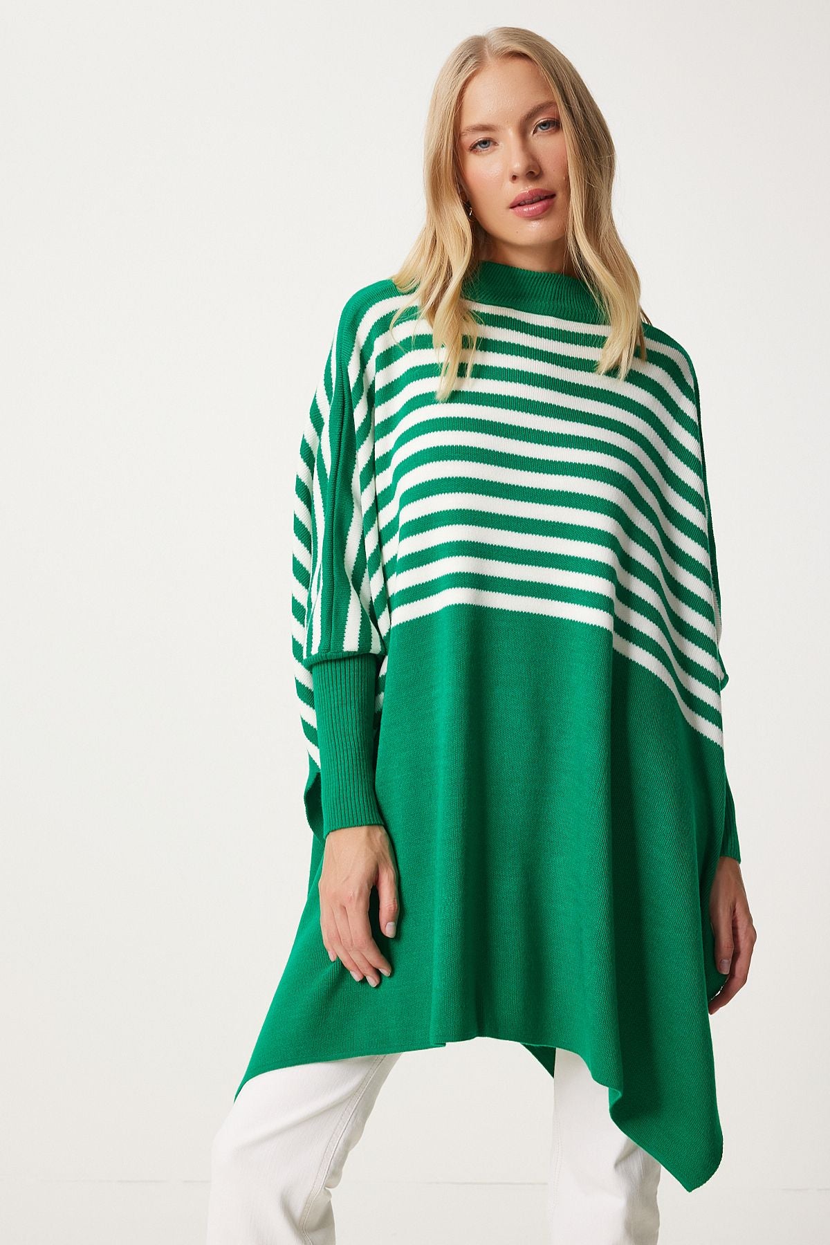 Women's Green Striped Side Slit Oversiz Pancho Sweater DD01336