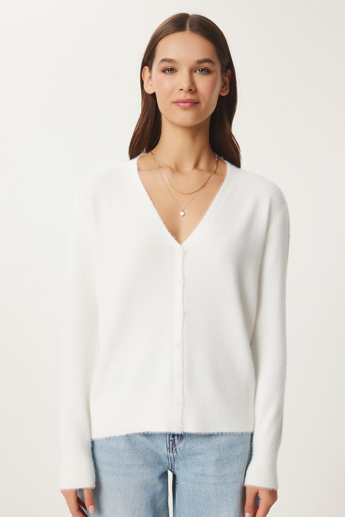 WOMEN ECRU V -Yaka Bearded Seasonal Triko Cardigan FN03446