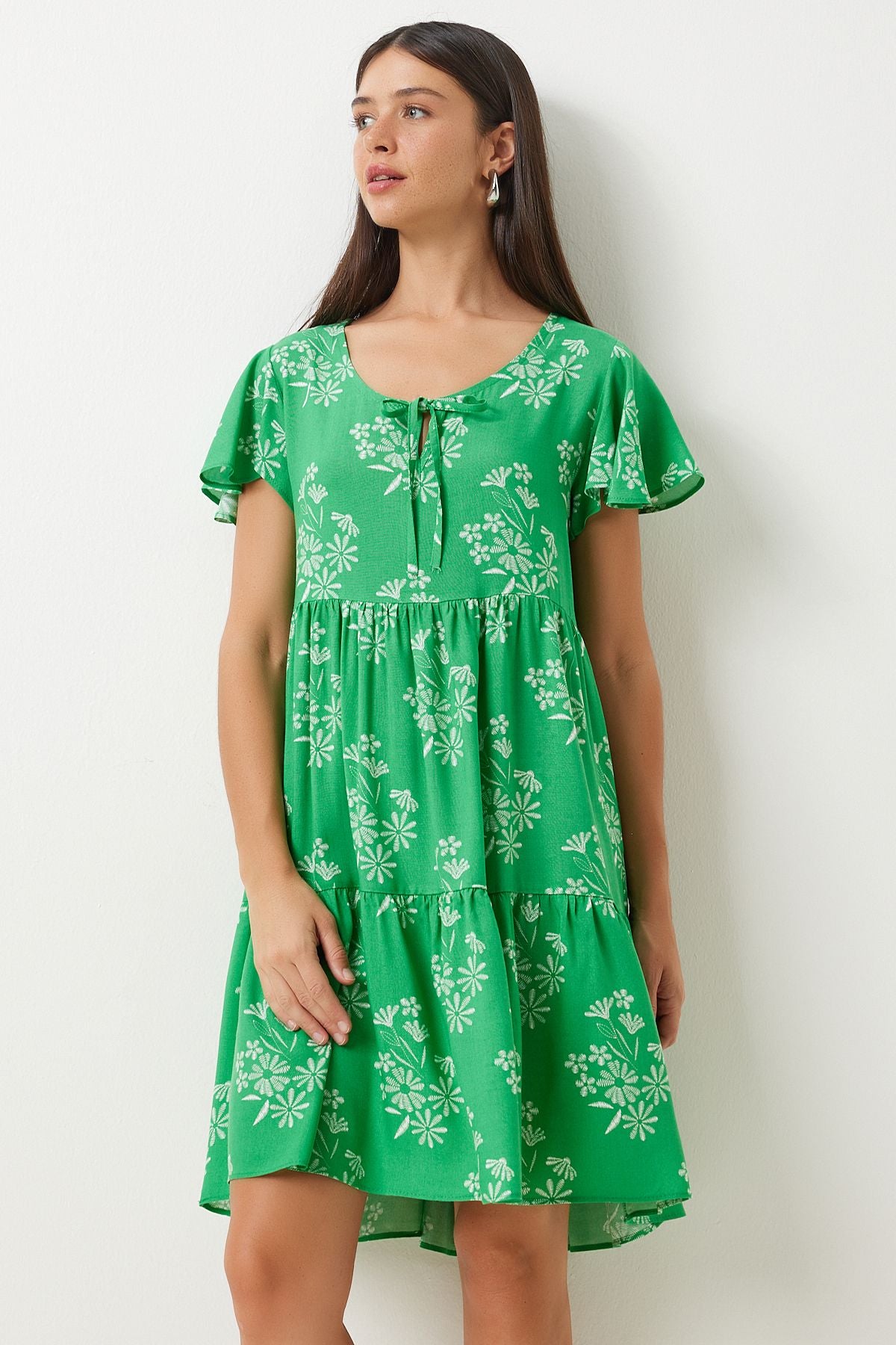 Woman Green White Flower Summer Viscose Dress DD01330