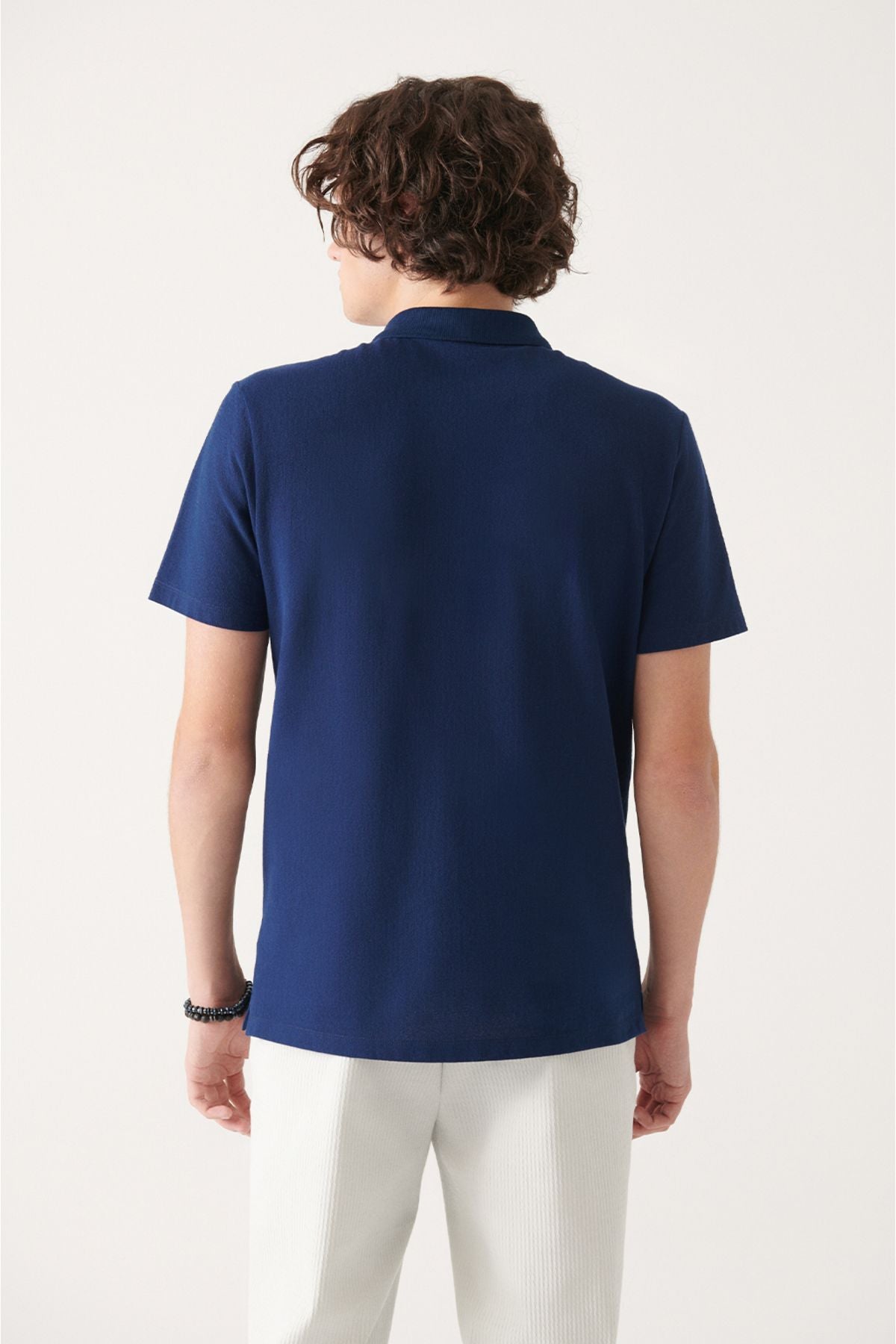 Men's navy blue polo collar cotton marinated t-shirt A31y1023