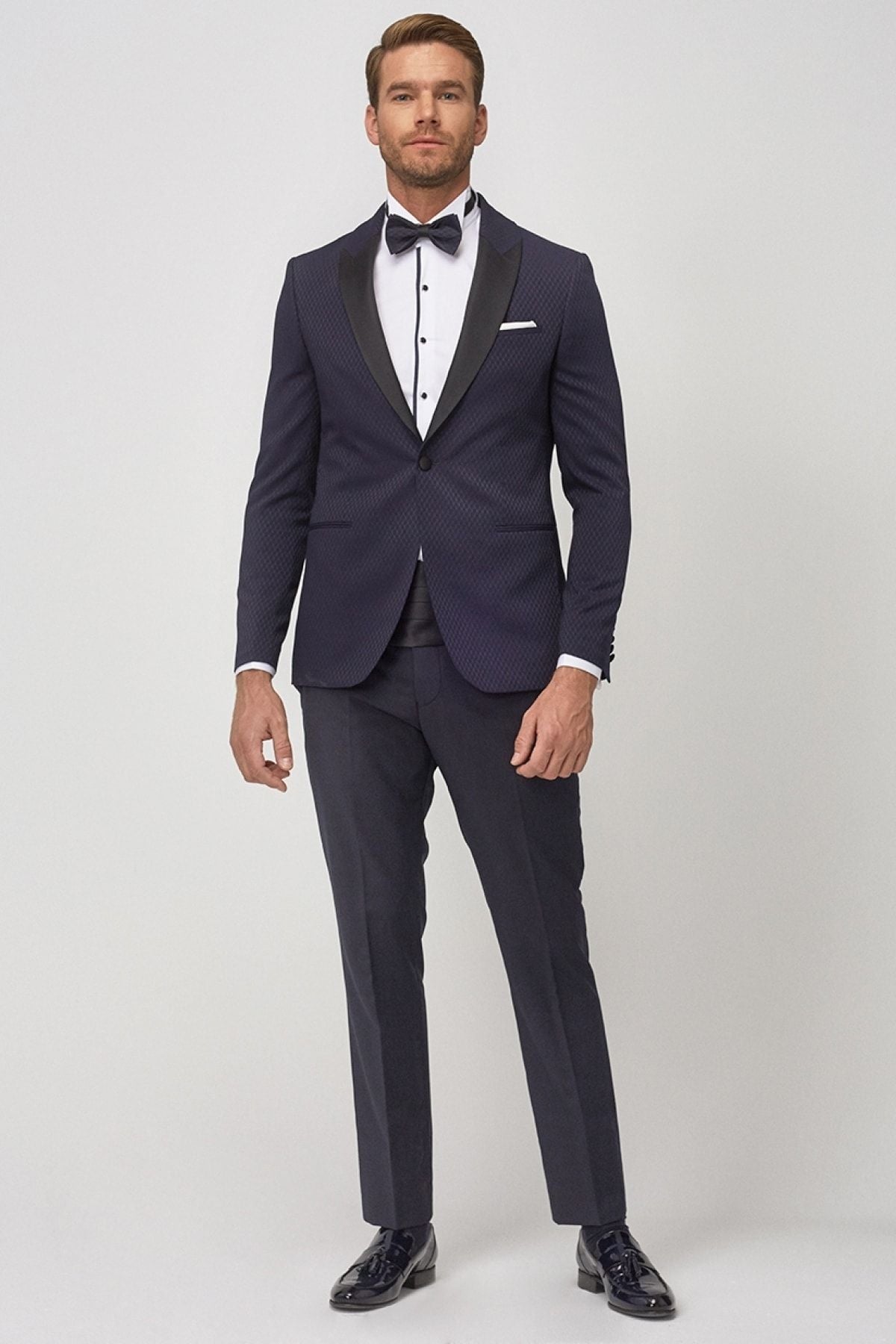 Men's Navy Blue-Black Slim Fit Patterned Tuxedo Groom