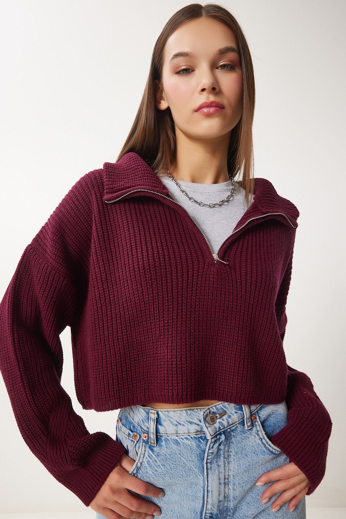 Female Bordeaux Zipper Fisherman Yaka Knitwear Kazakh MX00124
