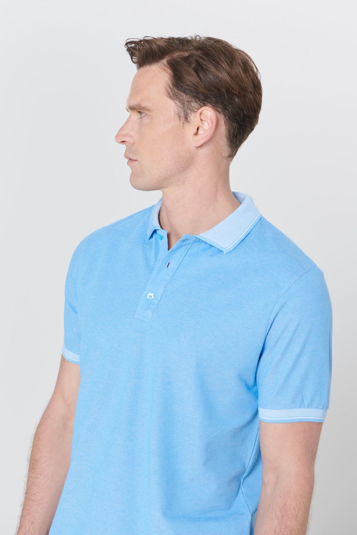 Men -Plugging Cotton Fabric Slim Fit Narrow Cut Blue Curled Polo Yaka T -shirt