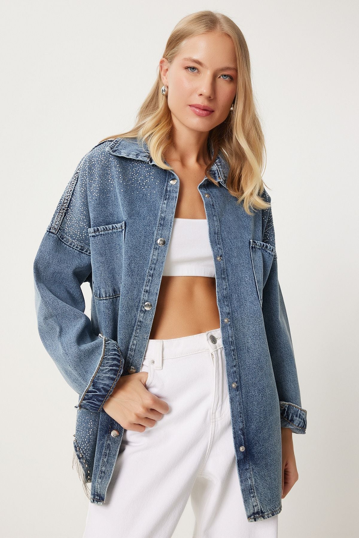 Woman Light Blue Chain Detailed Oversize denim jacket es00169