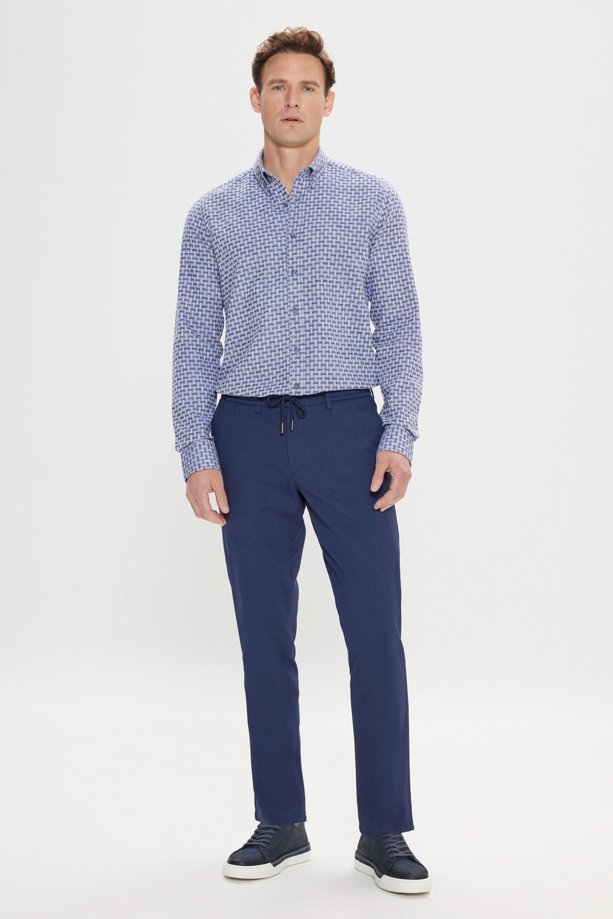 Men's Navy Blue Comfort Fit Casual Cut Cotton Waist Tied Side Pocket Amelor Pants