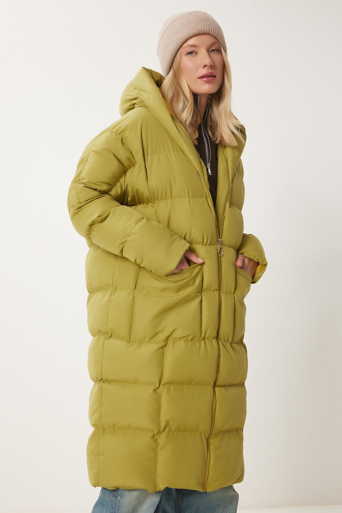 Female fat green hooded overlooking long swelling coat NT00428