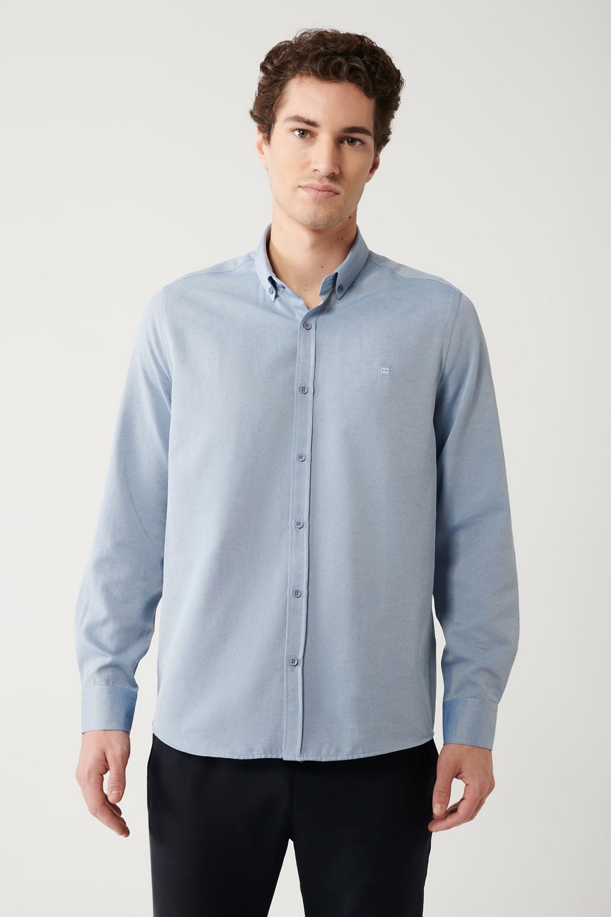 Men's dark blue button collar easy to ironing cotton oxford shirt E002000