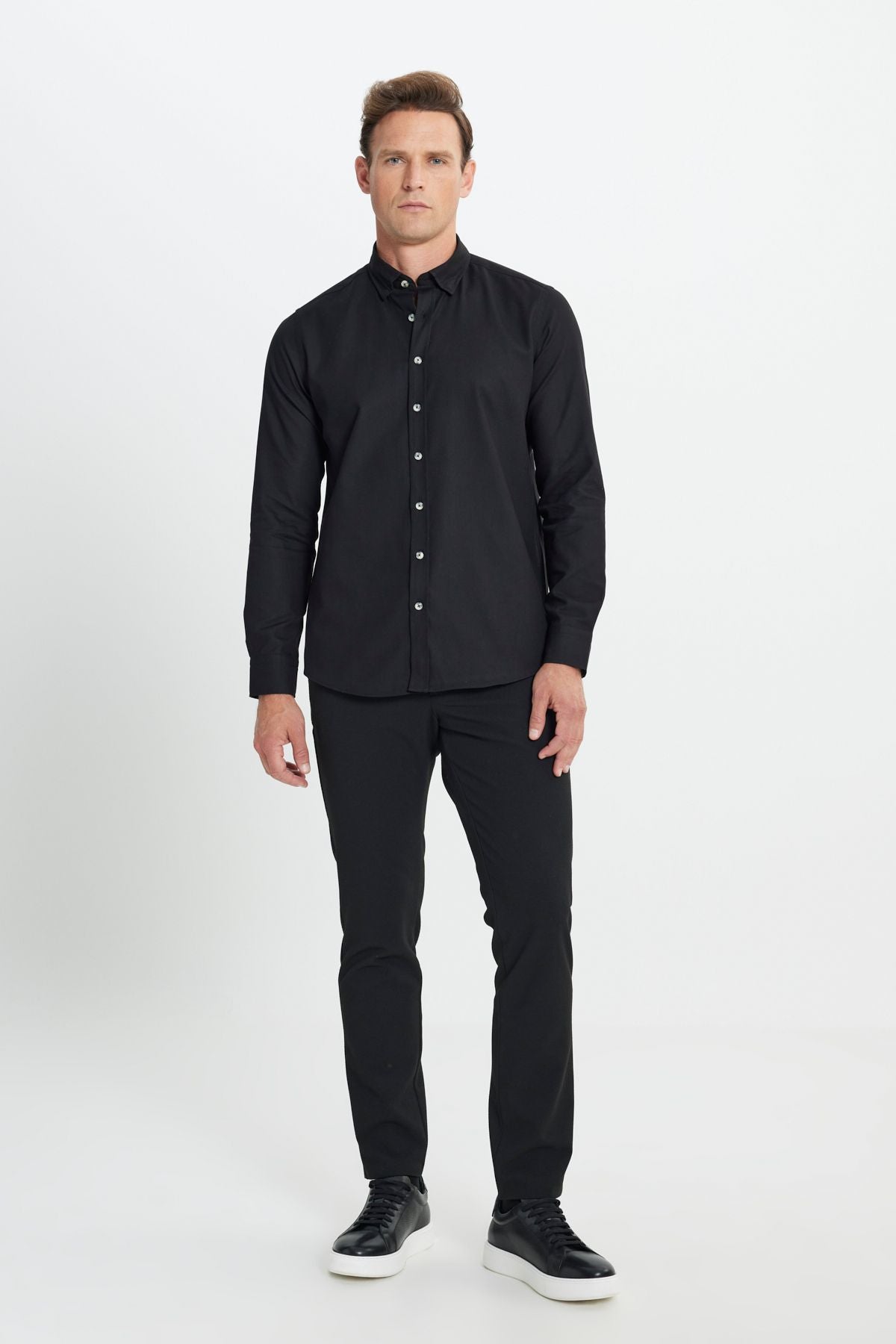 Men's black flannel oxford winter slim fit narrow cut buttoned button shirt