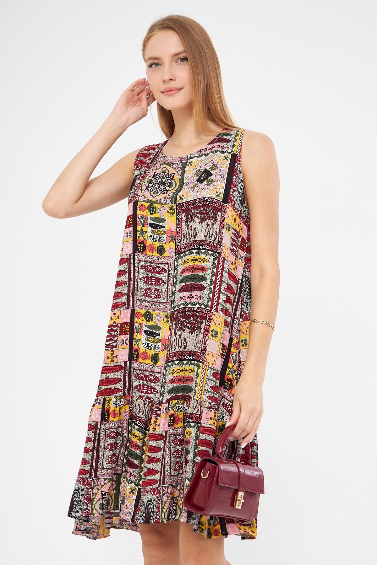 Woman Dark Bordeaux Patterned Sleeveless Skirt Ruffed Dress ARM-22K001142