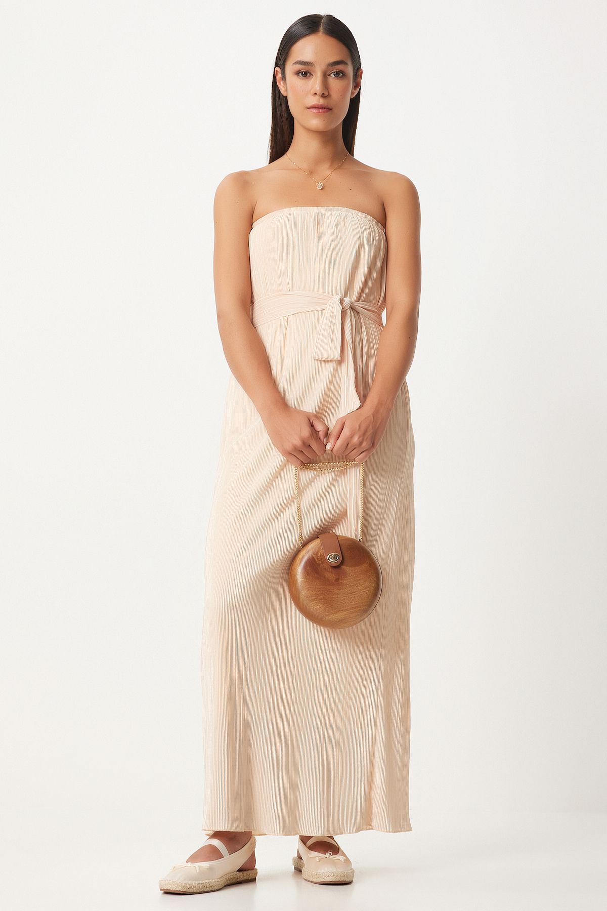 Women's Cream Strapless Born Pilicated Dress FN03237