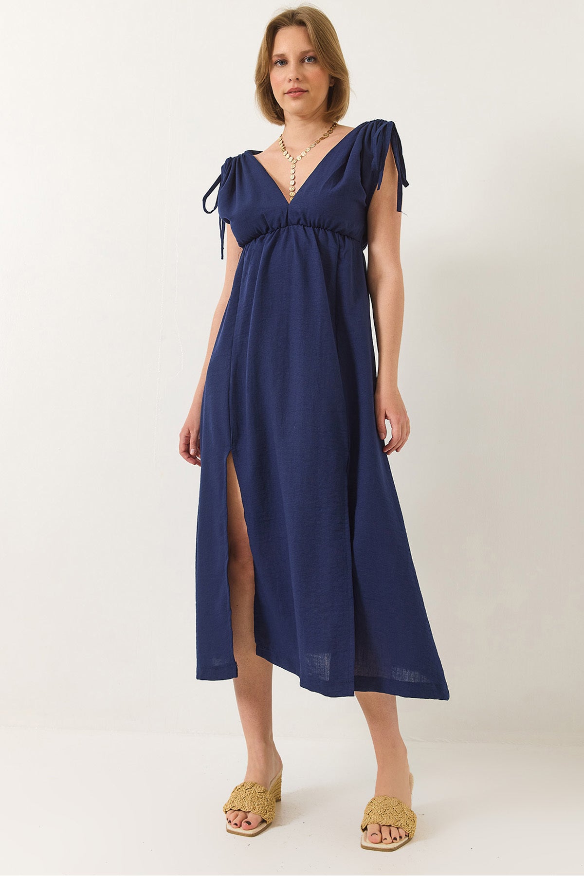 Women's V-Neck, Elastic Waist, Slit, Tie Detail, Linen Textured Dress 437 60283175