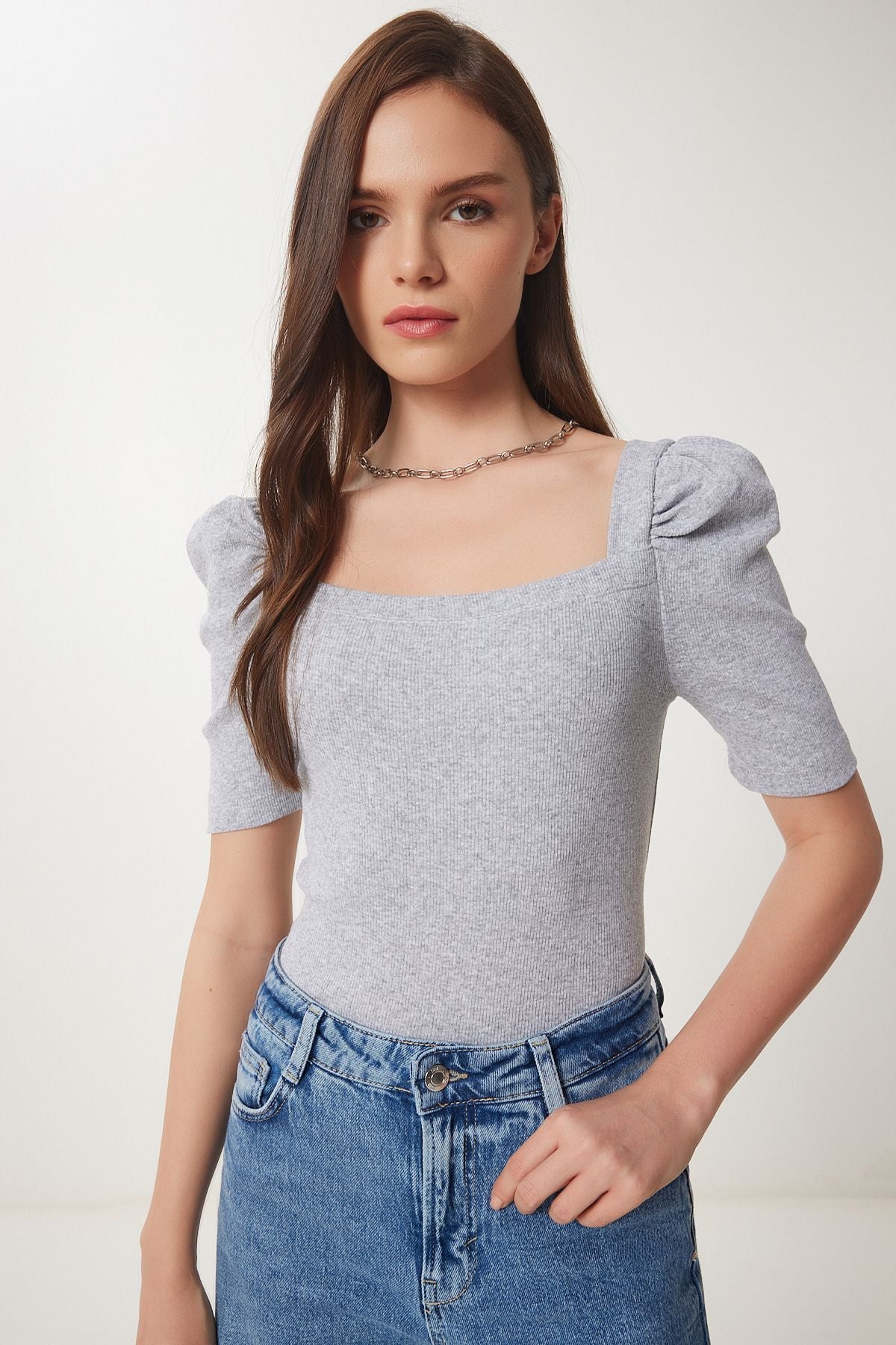 Women's Gray Melanj Dark Blue 2 Package Square Collar Crop Blouse GT00233
