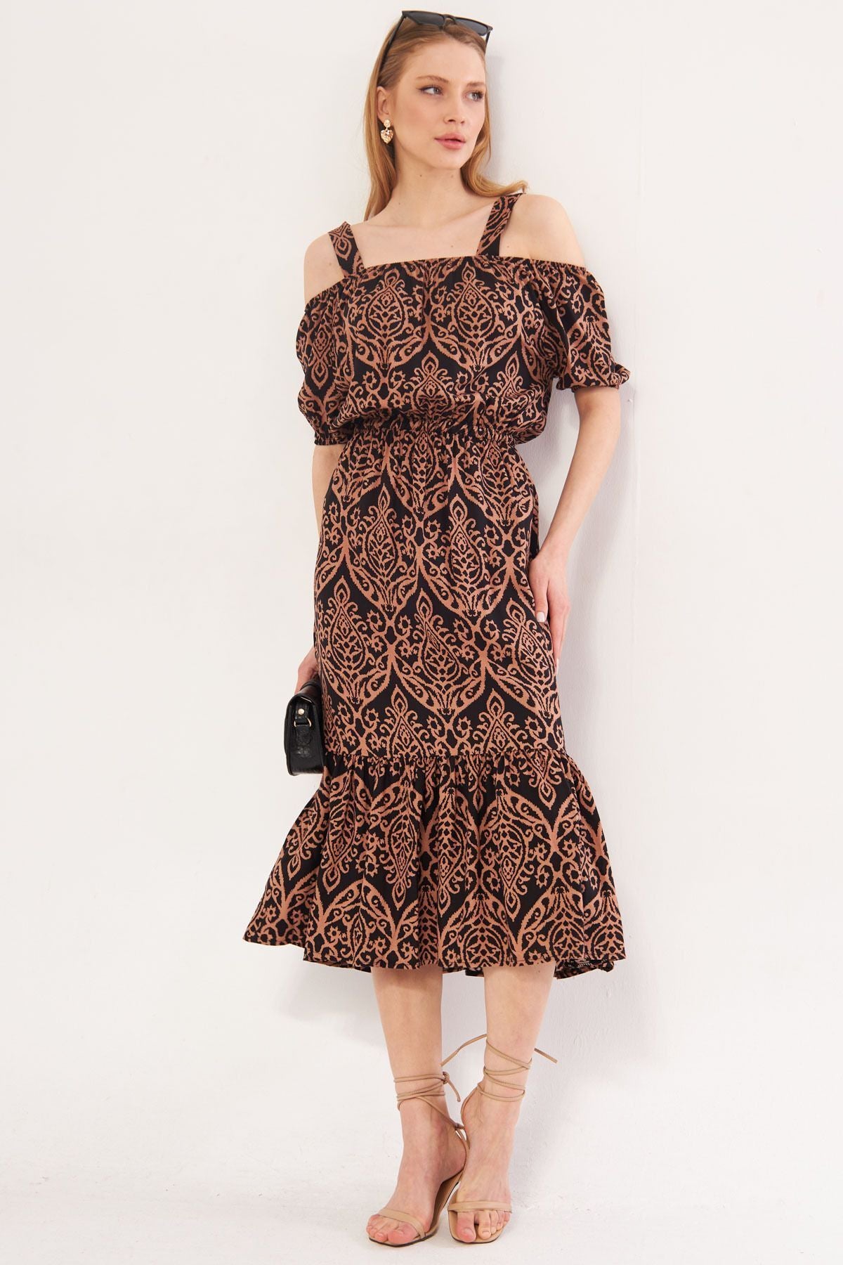 Female mink square floral patterned strap waist tire dress ARM-21K001202