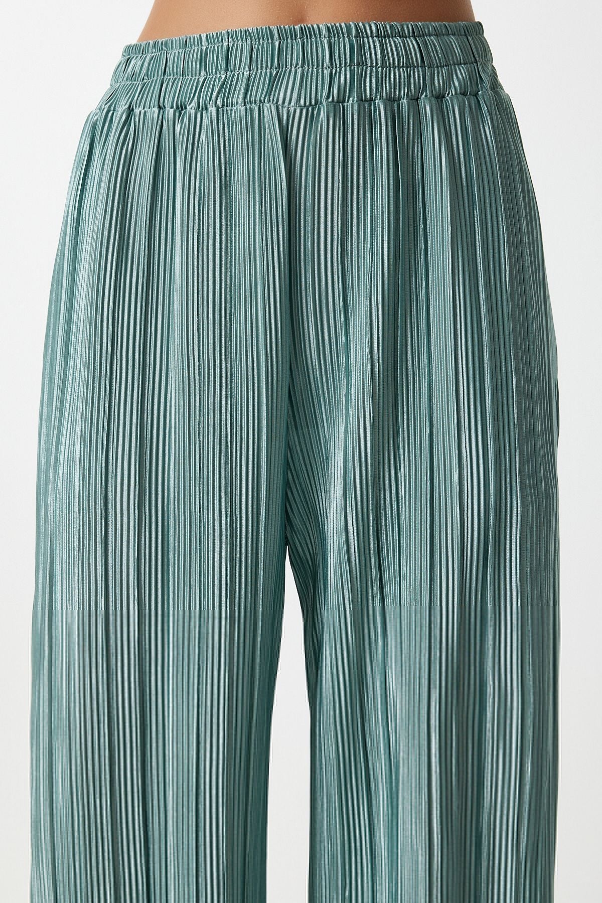 Female Water Green Pilisable Casual Blouse Pants Set Mc00283